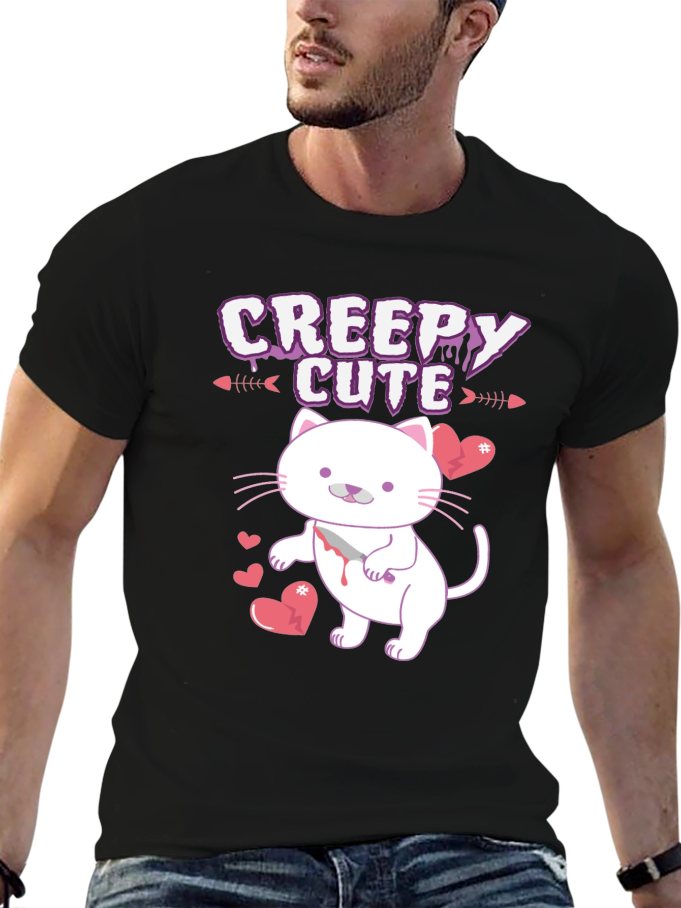 Black Creepy Cute Cat T-Shirt view 6
