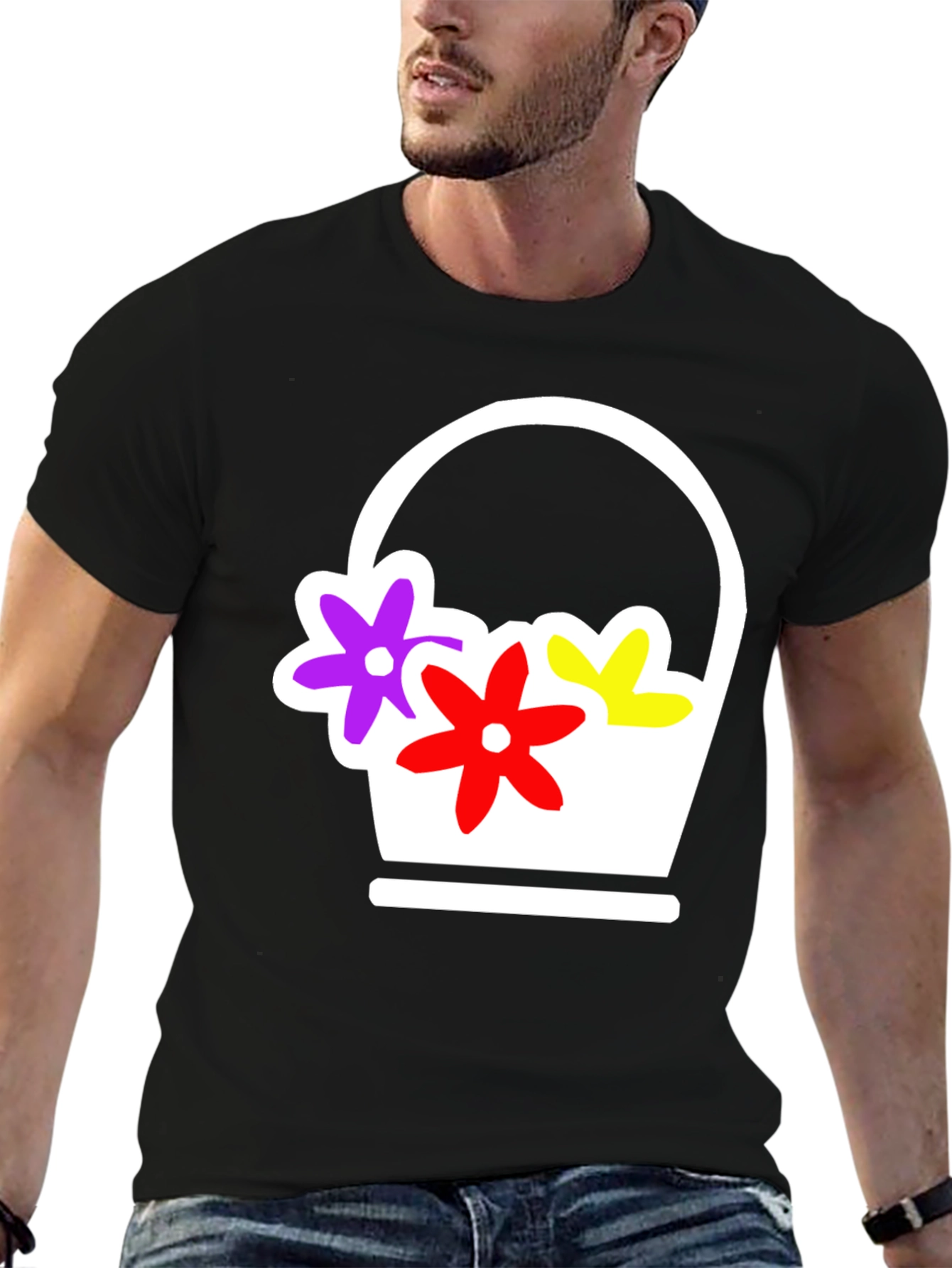 Black Floral Basket Graphic Tee - Black Casual T-Shirt view 6