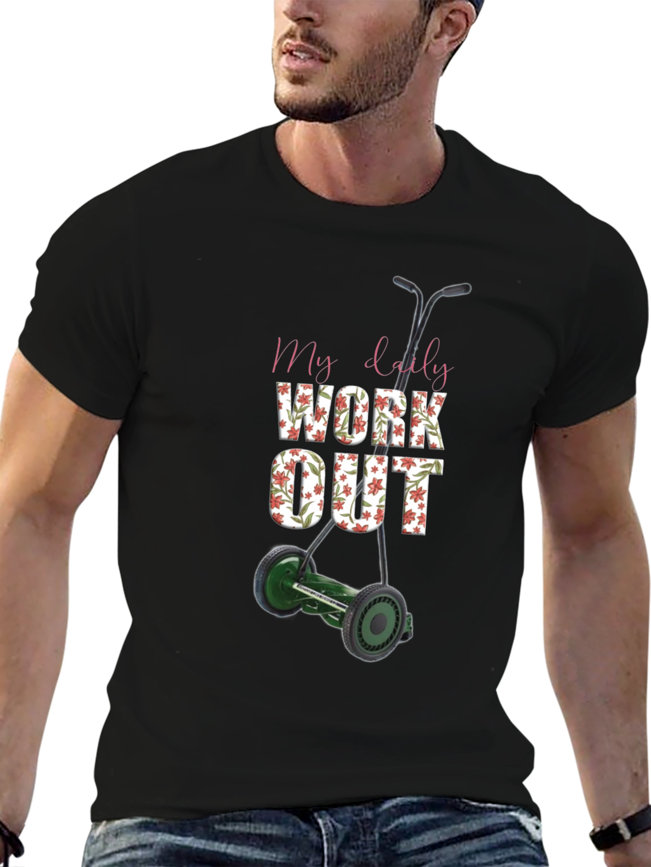 Black My Daily Workout T-Shirt - Unique Lawn Mower Design view 6