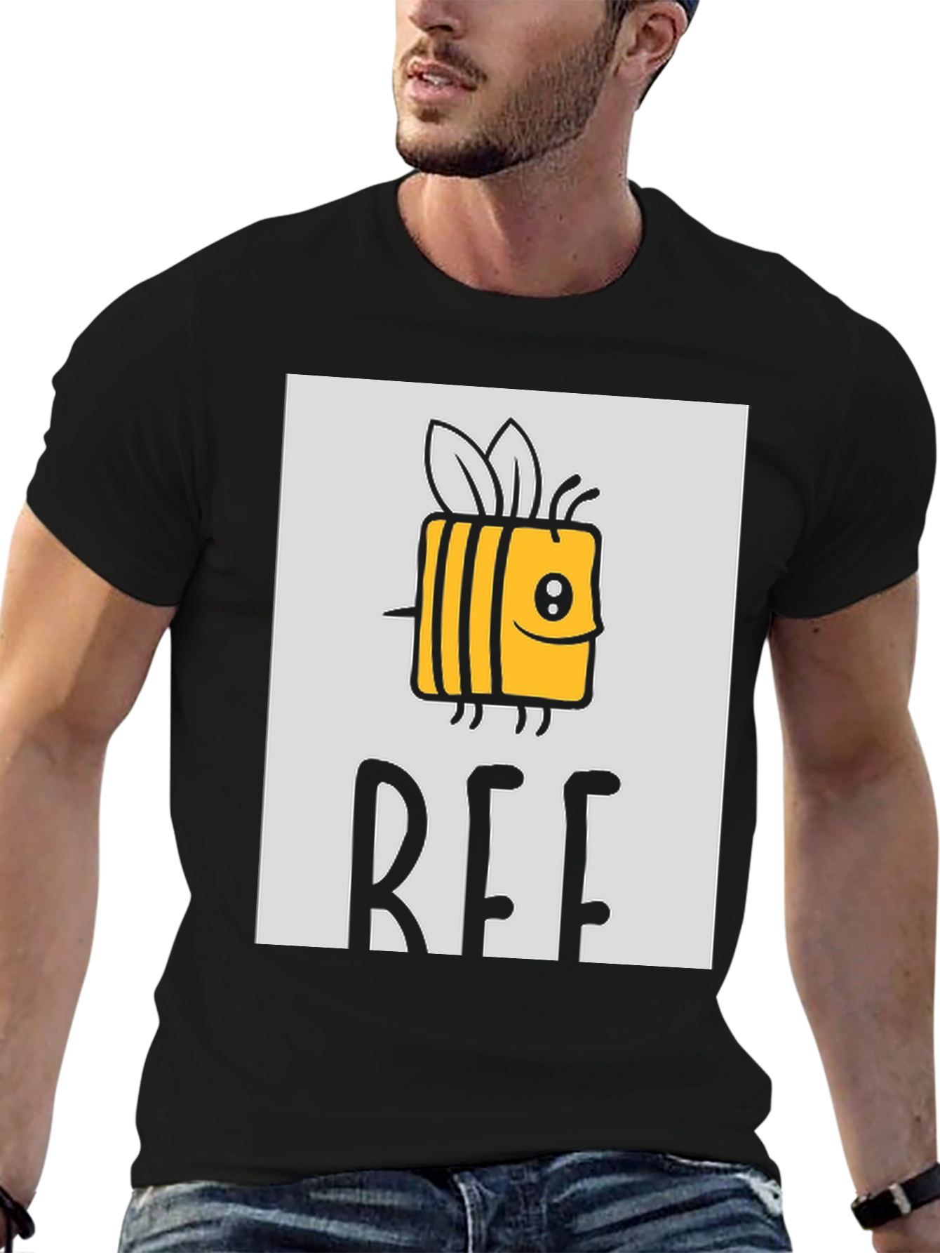 Black Cute Cartoon Bee Graphic Print Black T-Shirt view 6