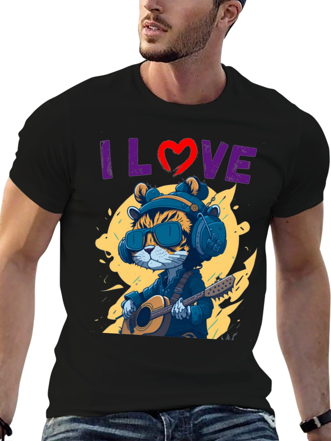 Black I Love Music Cat T-Shirt view 6