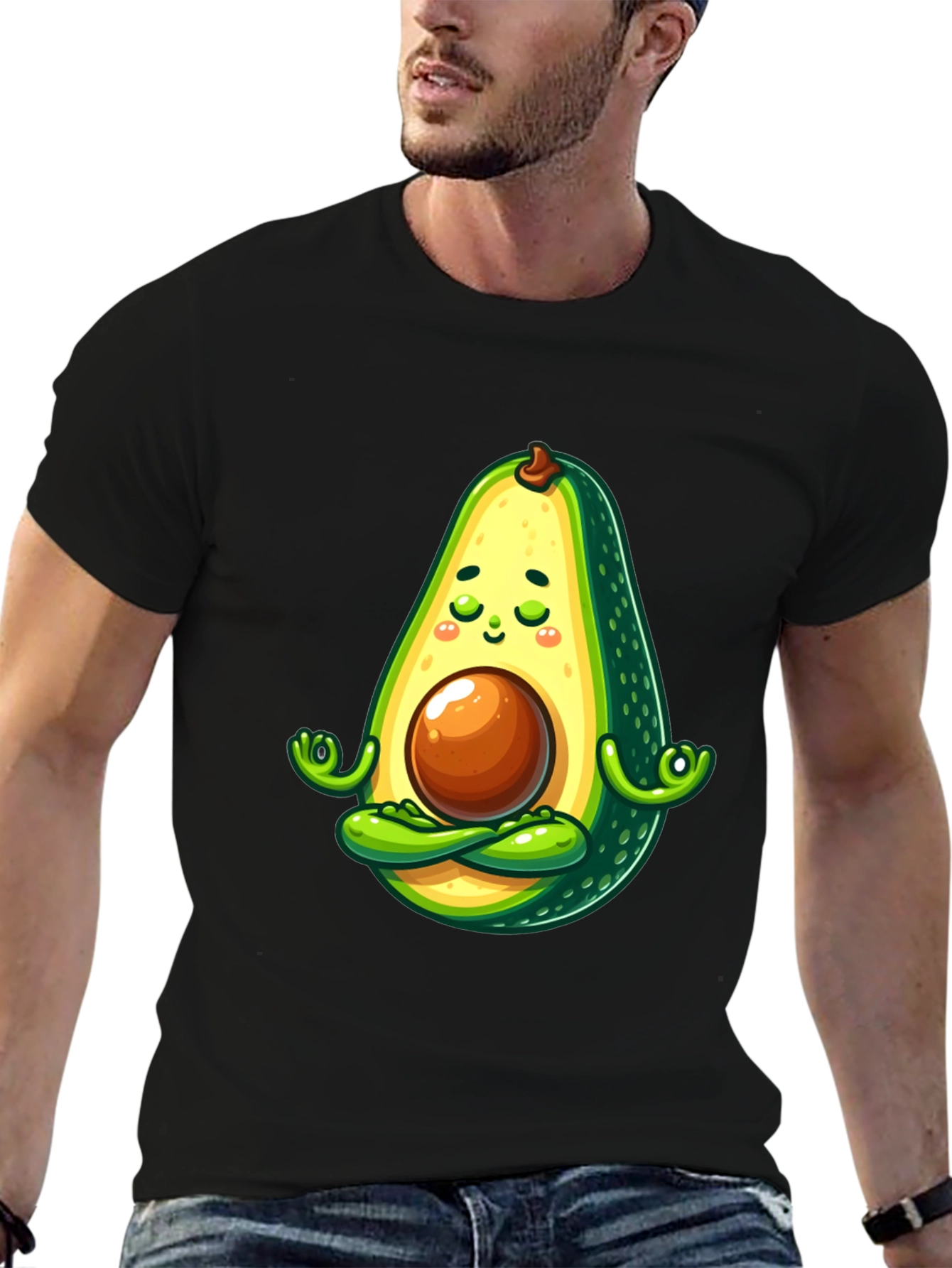 Black Zen Avocado T-Shirt - Meditating Fruit view 6