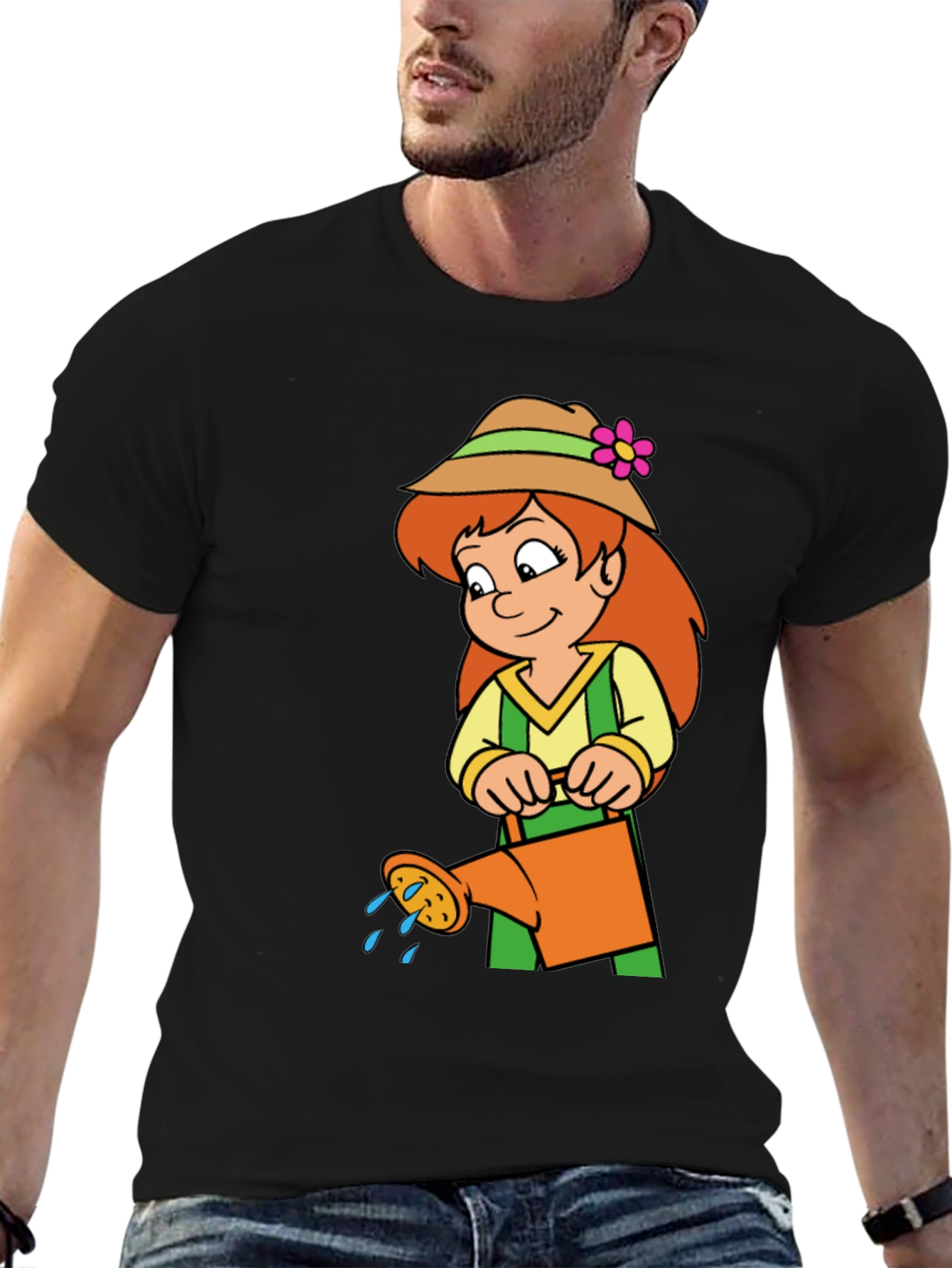 Black Gardening Girl T-Shirt - Fun Cartoon Design view 6