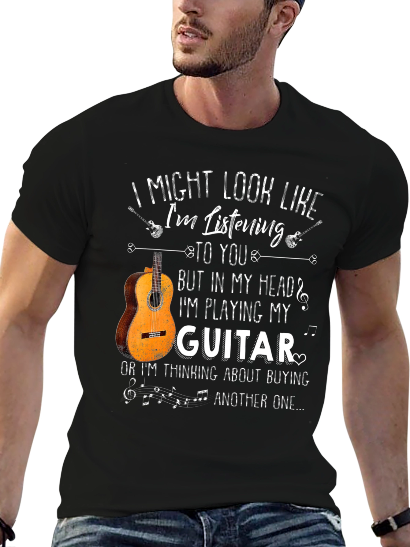 Black I Might Look Like I'm Listening Guitar T-Shirt view 6