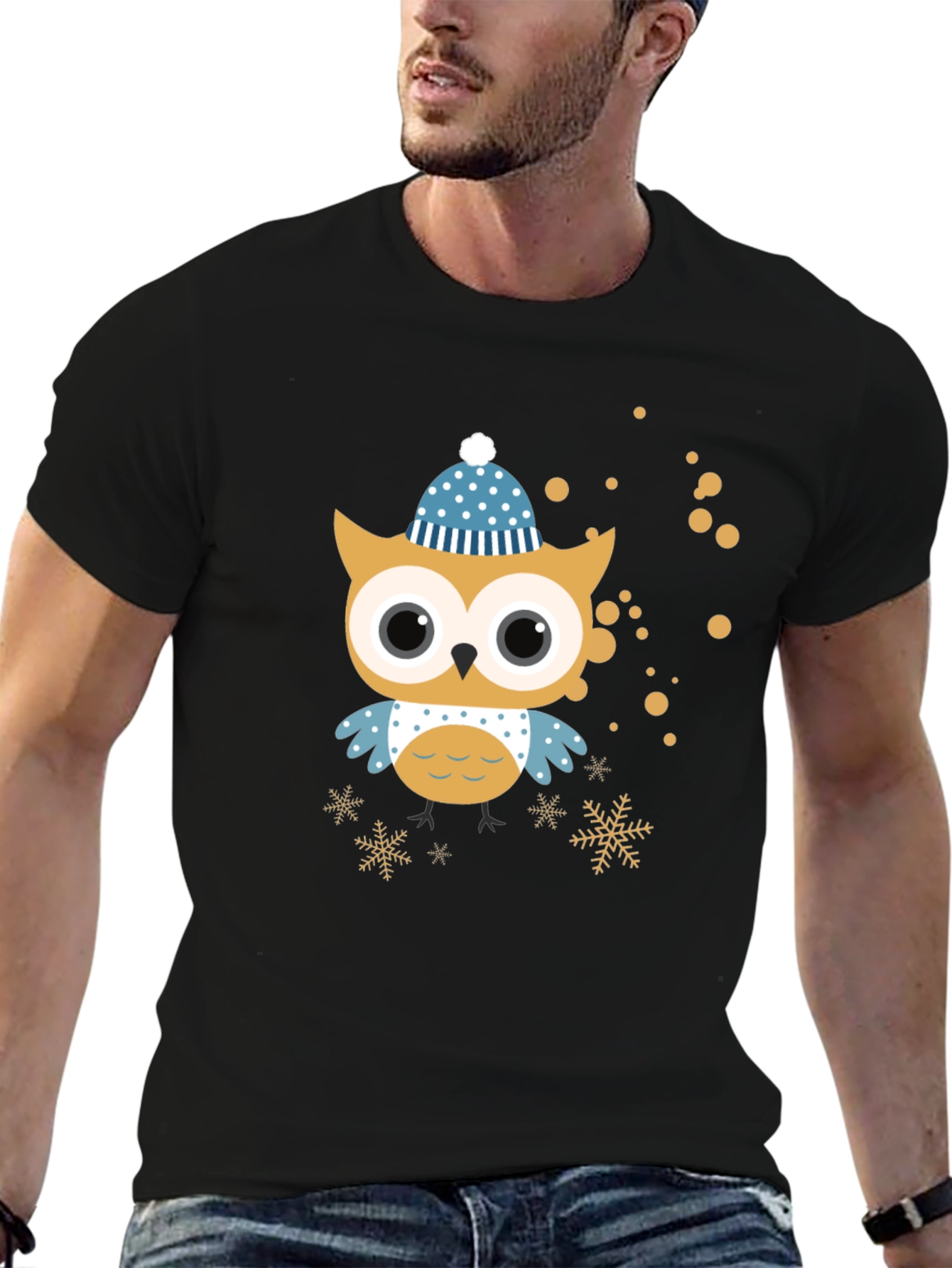 Black Festive Owl Graphic Tee - Winter Holiday Style view 6
