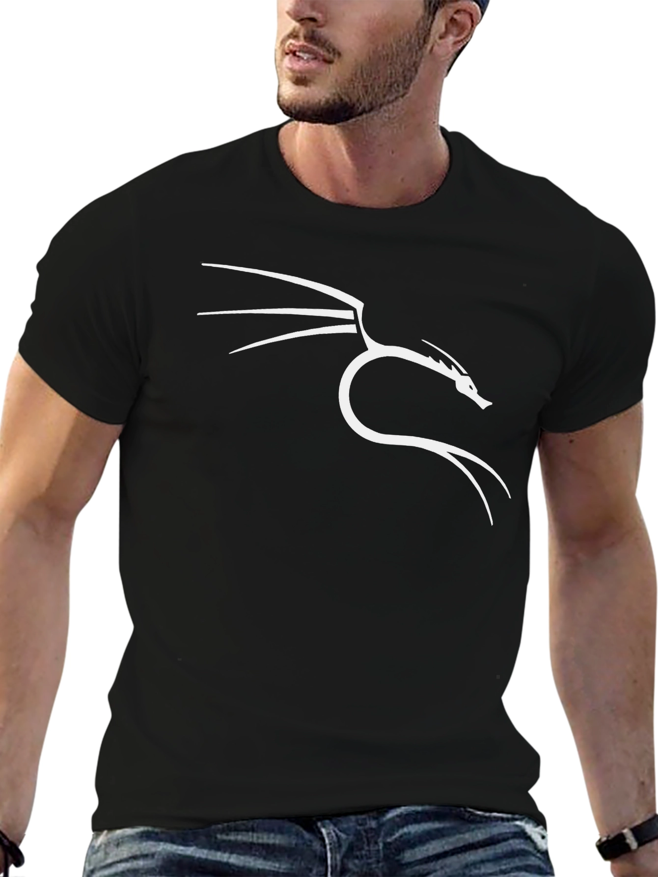 Black Black T-Shirt with White Dragon Graphic view 6
