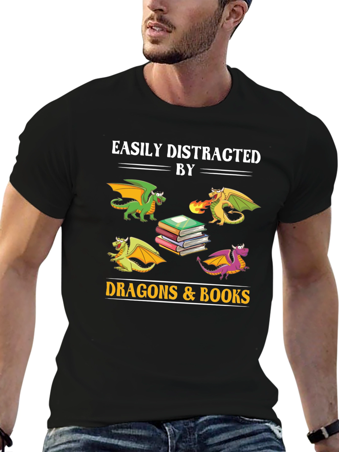 Black Easily Distracted by Dragons and Books T-Shirt view 6