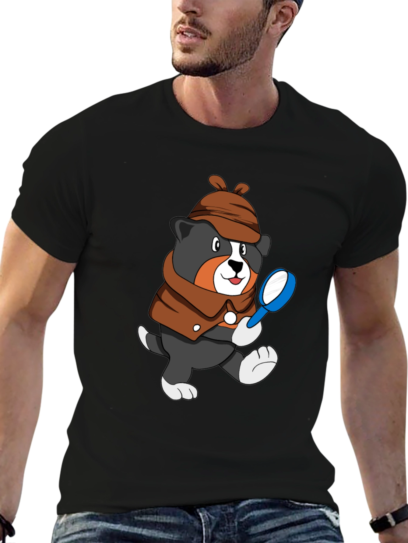 Black Detective Dog T-Shirt - Cartoon Puppy Sleuth Tee view 6