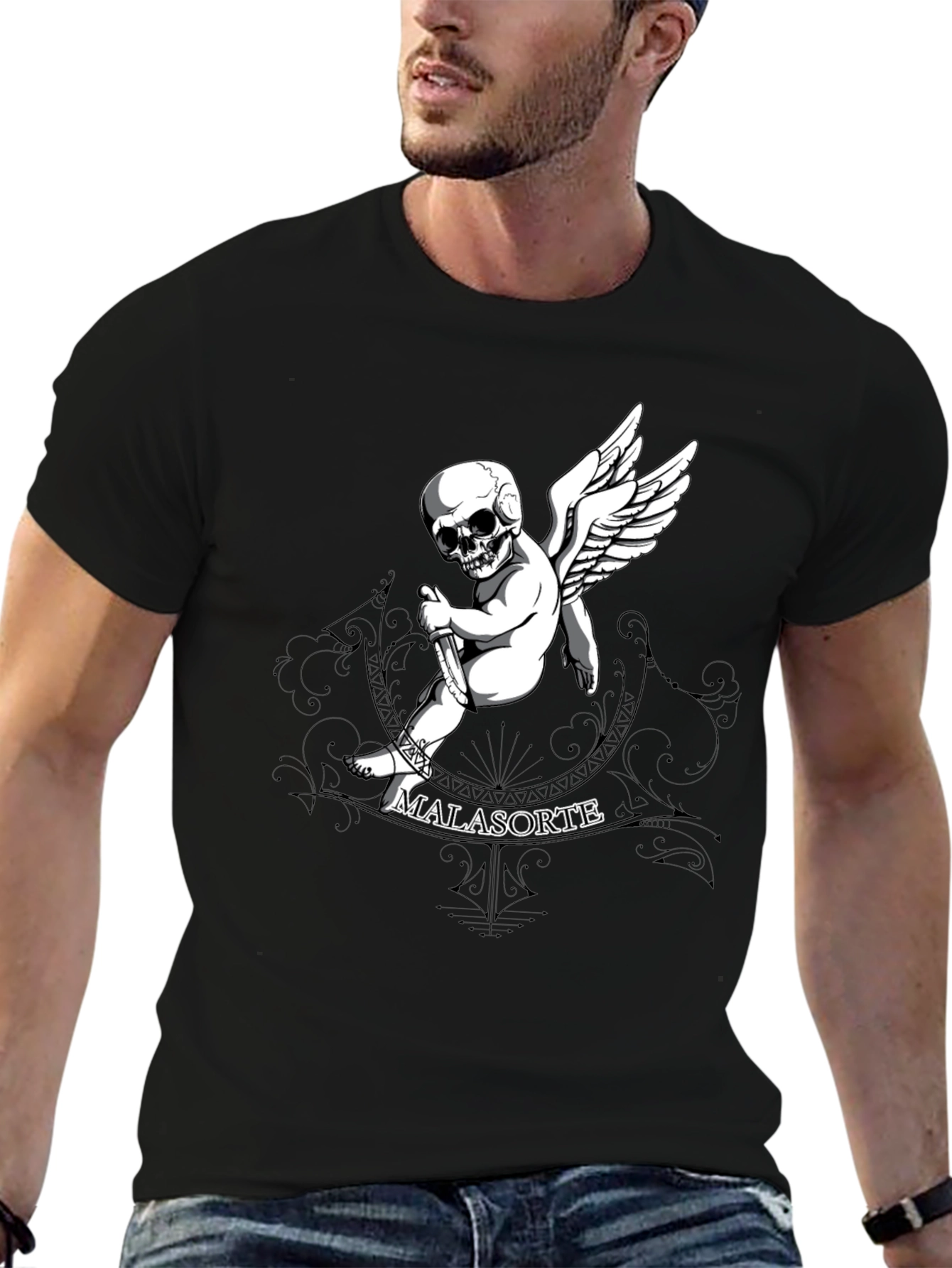Black Skull Cupid Graphic T-Shirt - Men's Black Tee view 6