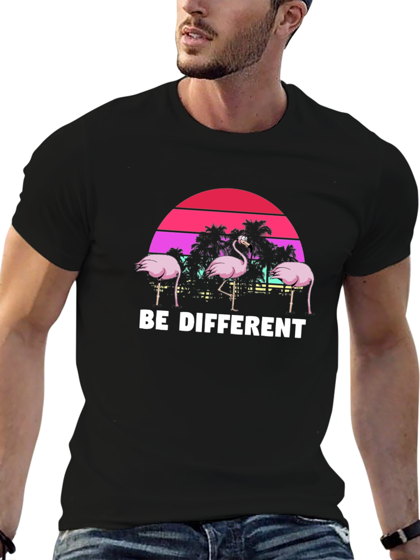 Black Be Different Flamingo T-Shirt Unique Graphic Tee view 6