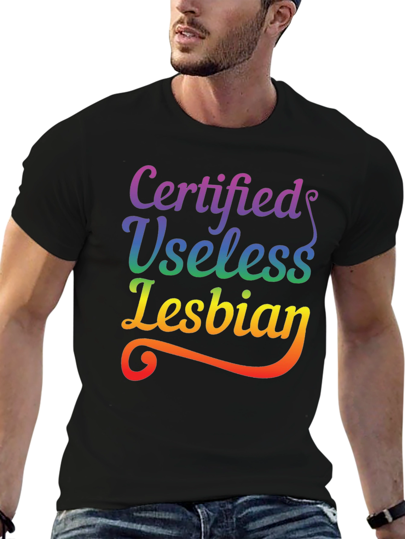 Black Certified Useless Lesbian Rainbow Tee view 6