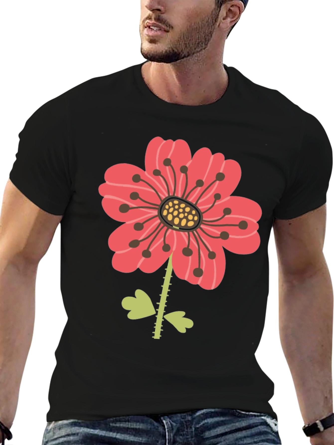 Black Floral Graphic Print Men's Black T-Shirt view 6