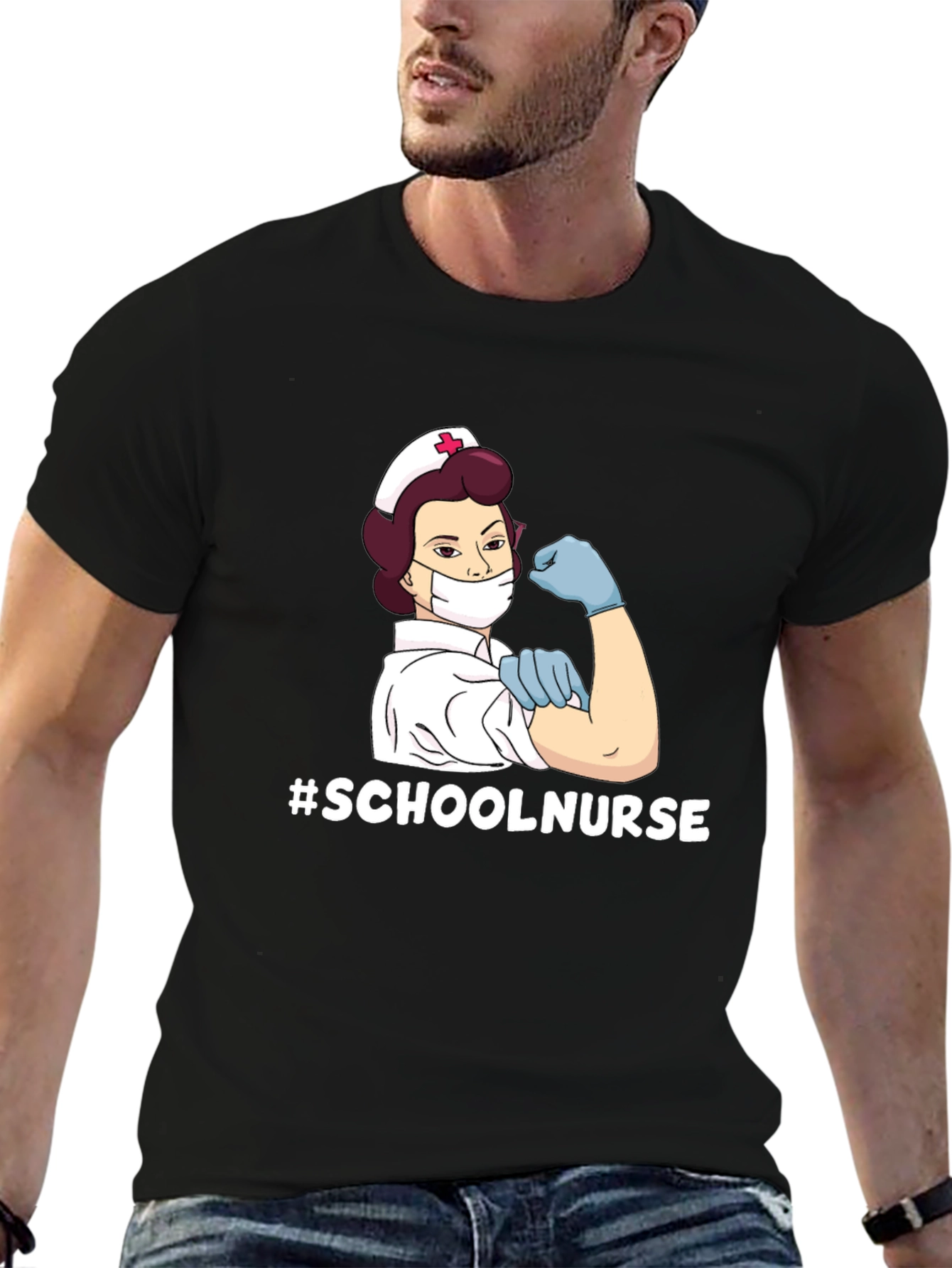 Black School Nurse T-Shirt - Black Cotton Blend Tee view 6