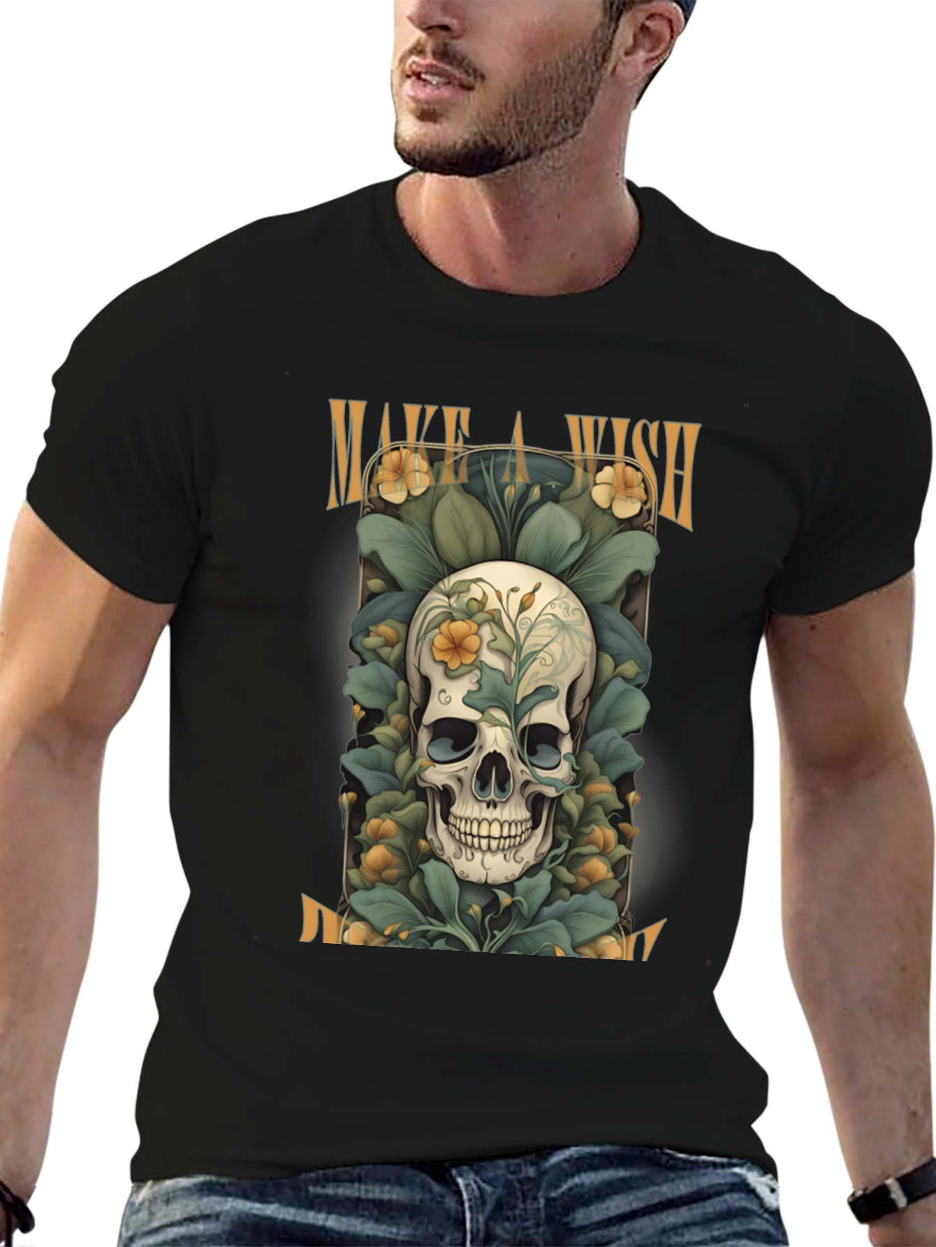 Black Make a Wish Skull Tee - Floral Skull Design view 6