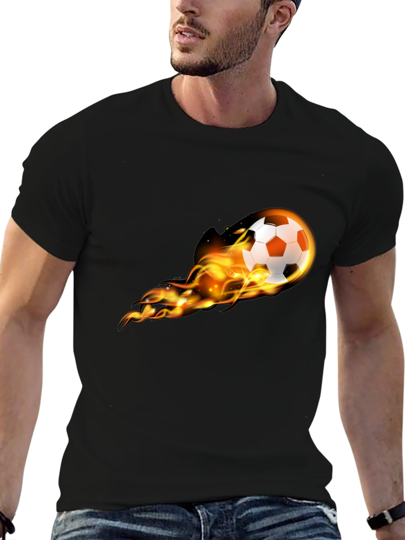 Black Flaming Soccer Ball Graphic Tee - Black Cotton T-Shirt view 6