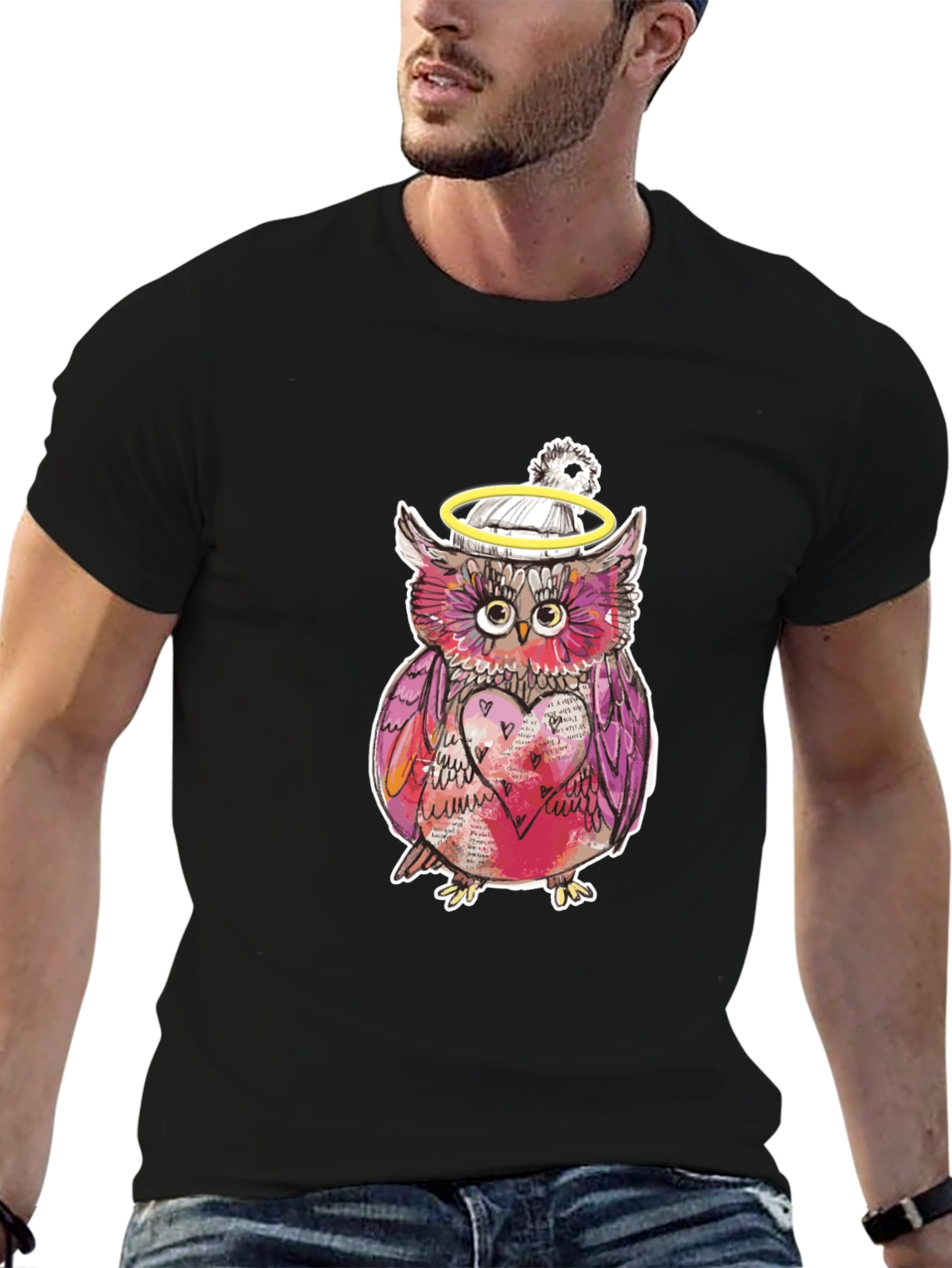 Black Whimsical Owl Graphic Tee - Unique Design view 6
