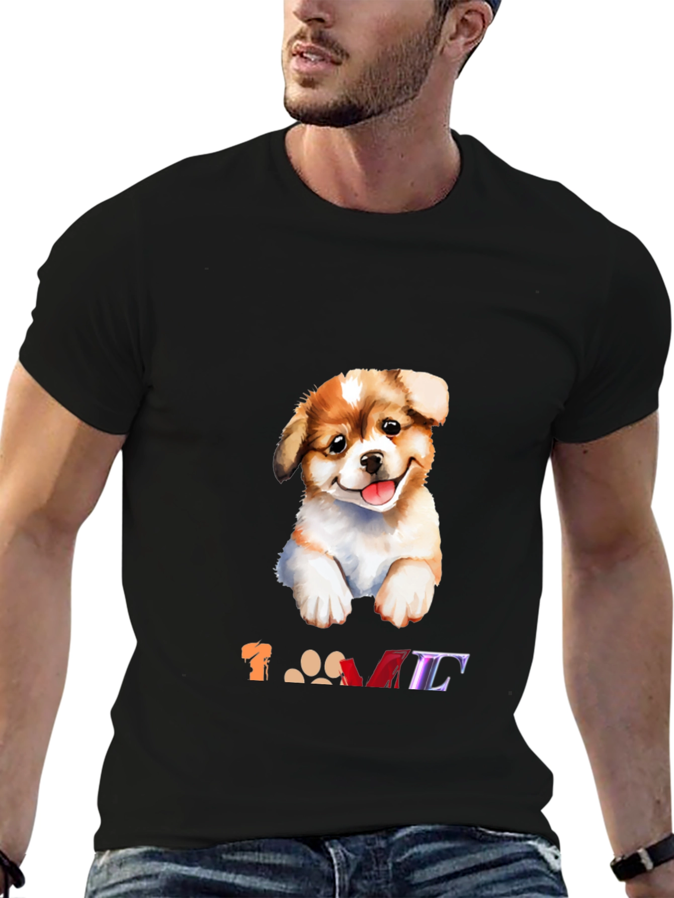 Black Cute Puppy Dog "Love" Graphic Black T-Shirt view 6