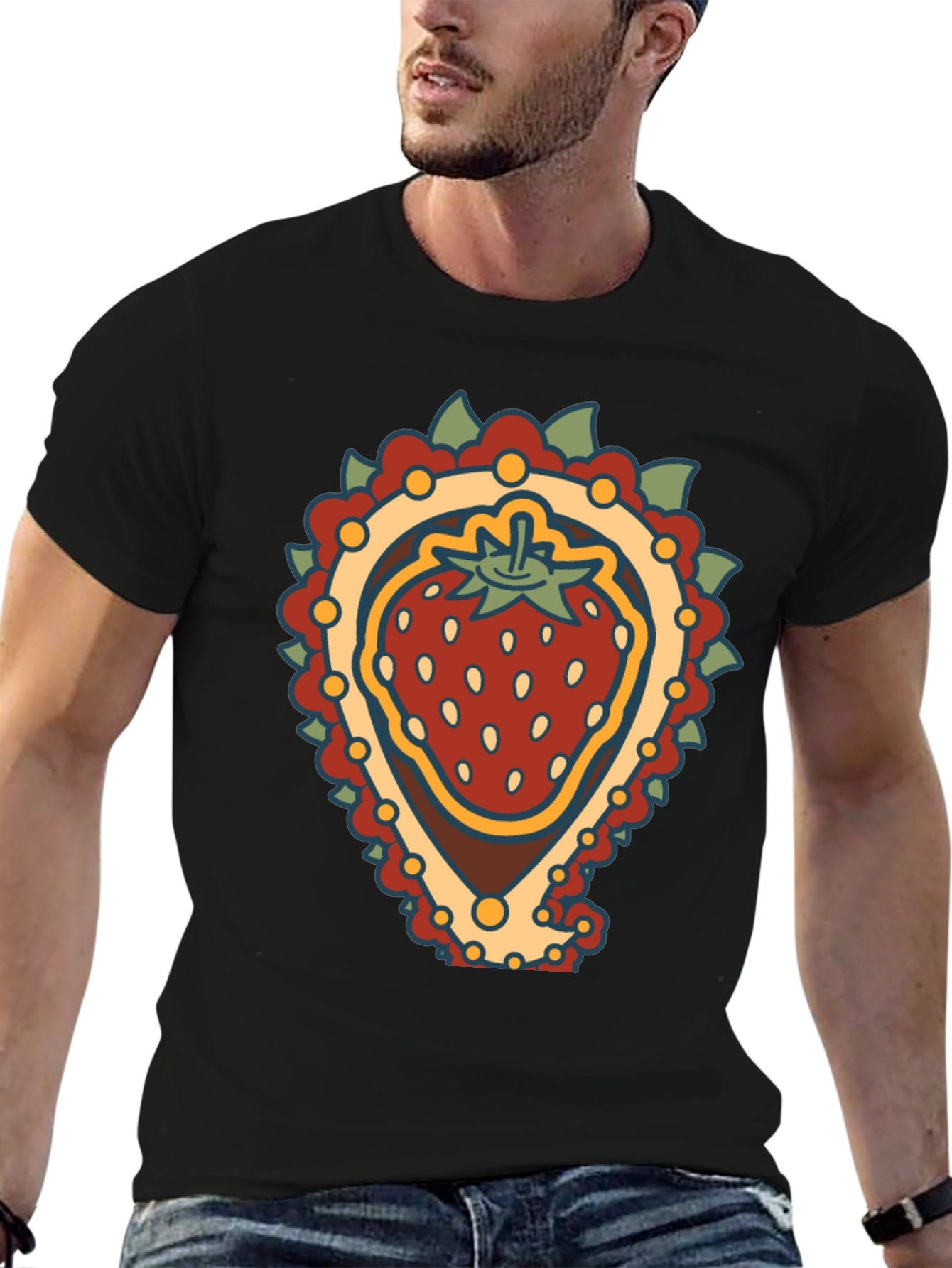 Black Strawberry Paisley T-Shirt - Unique Fruit Graphic Tee view 6