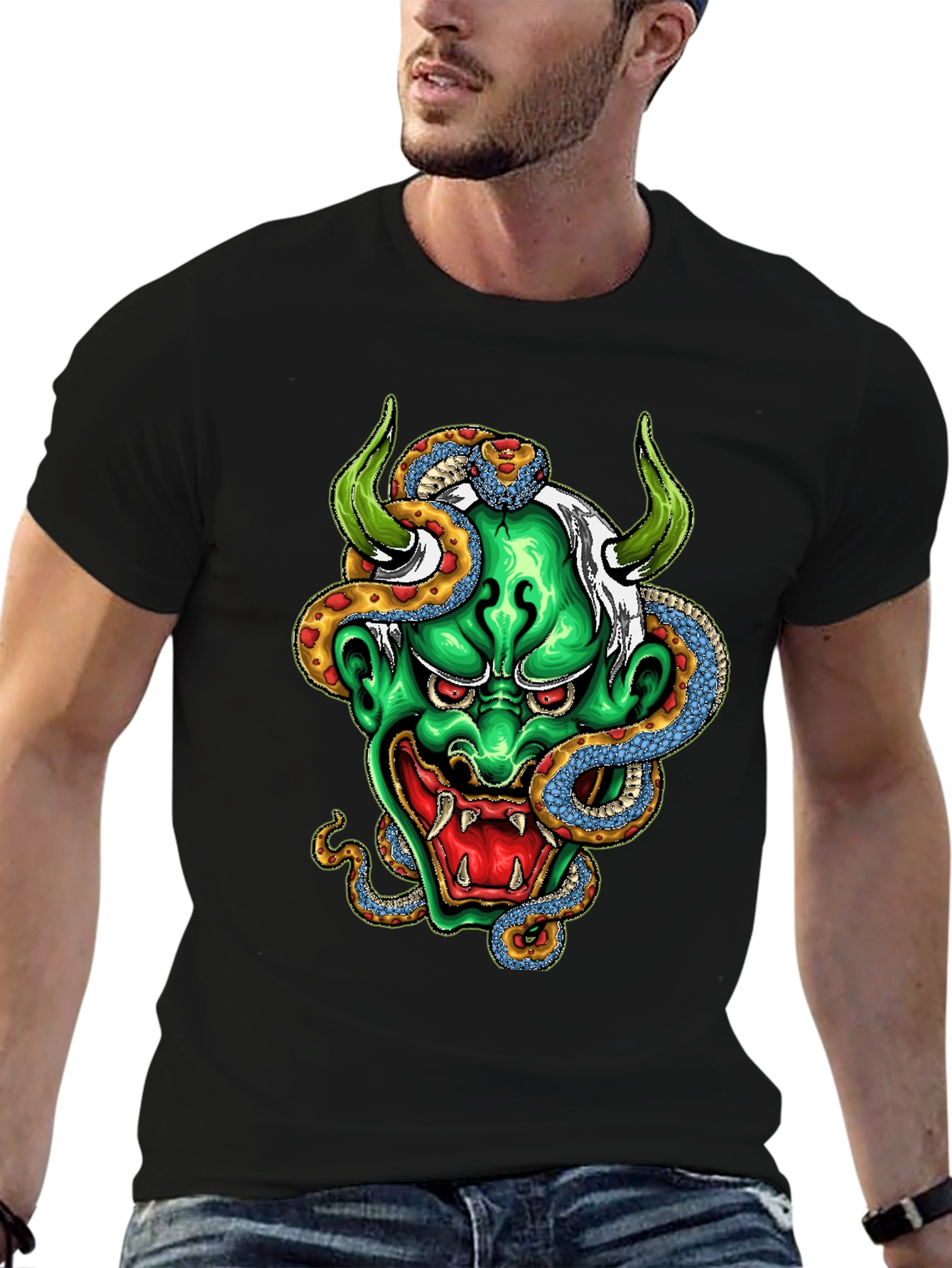 Black Men's Graphic Tee - Oni Mask & Snake view 6