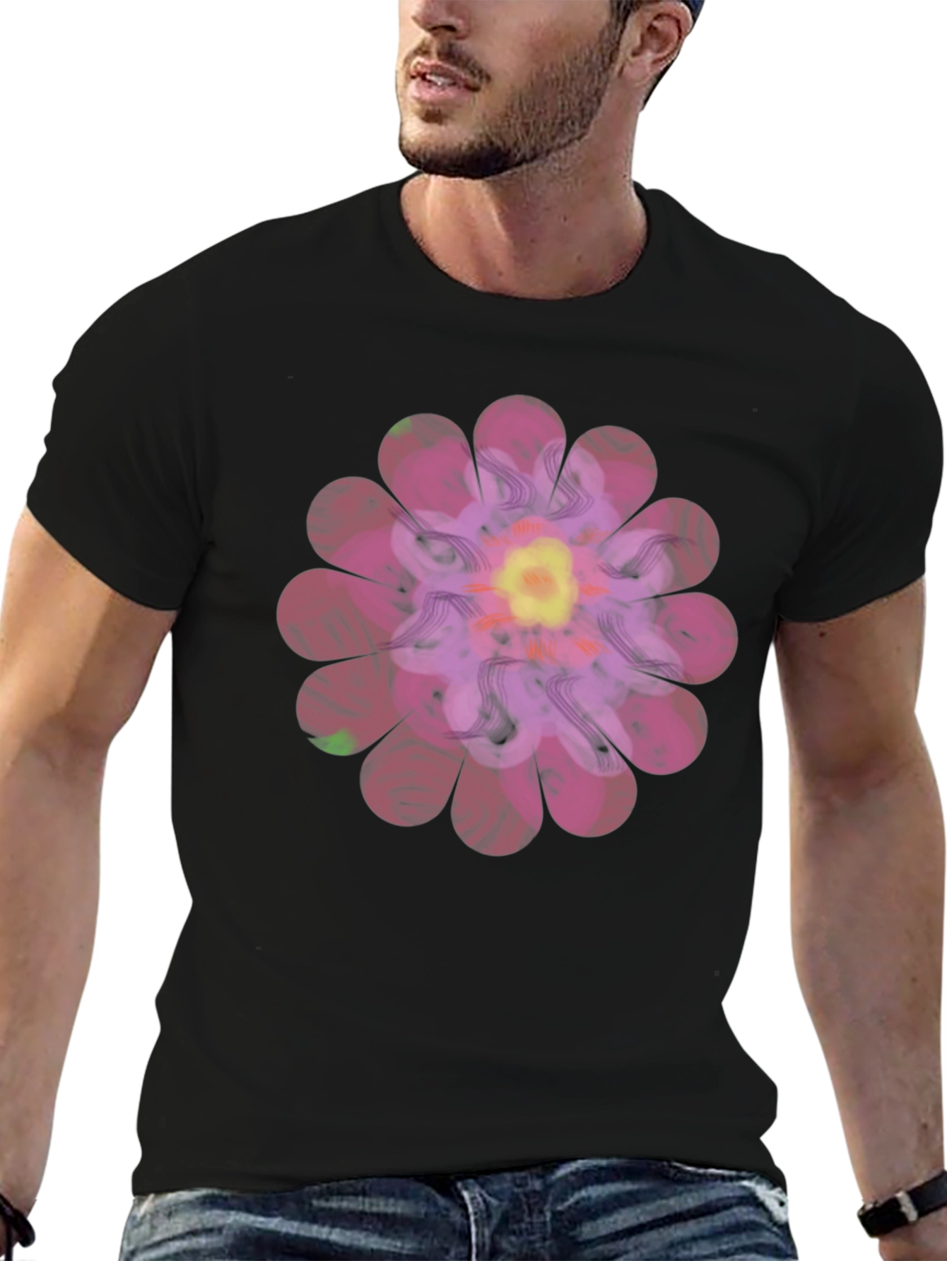 Black Floral Print Men's T-Shirt - Unique Design view 6