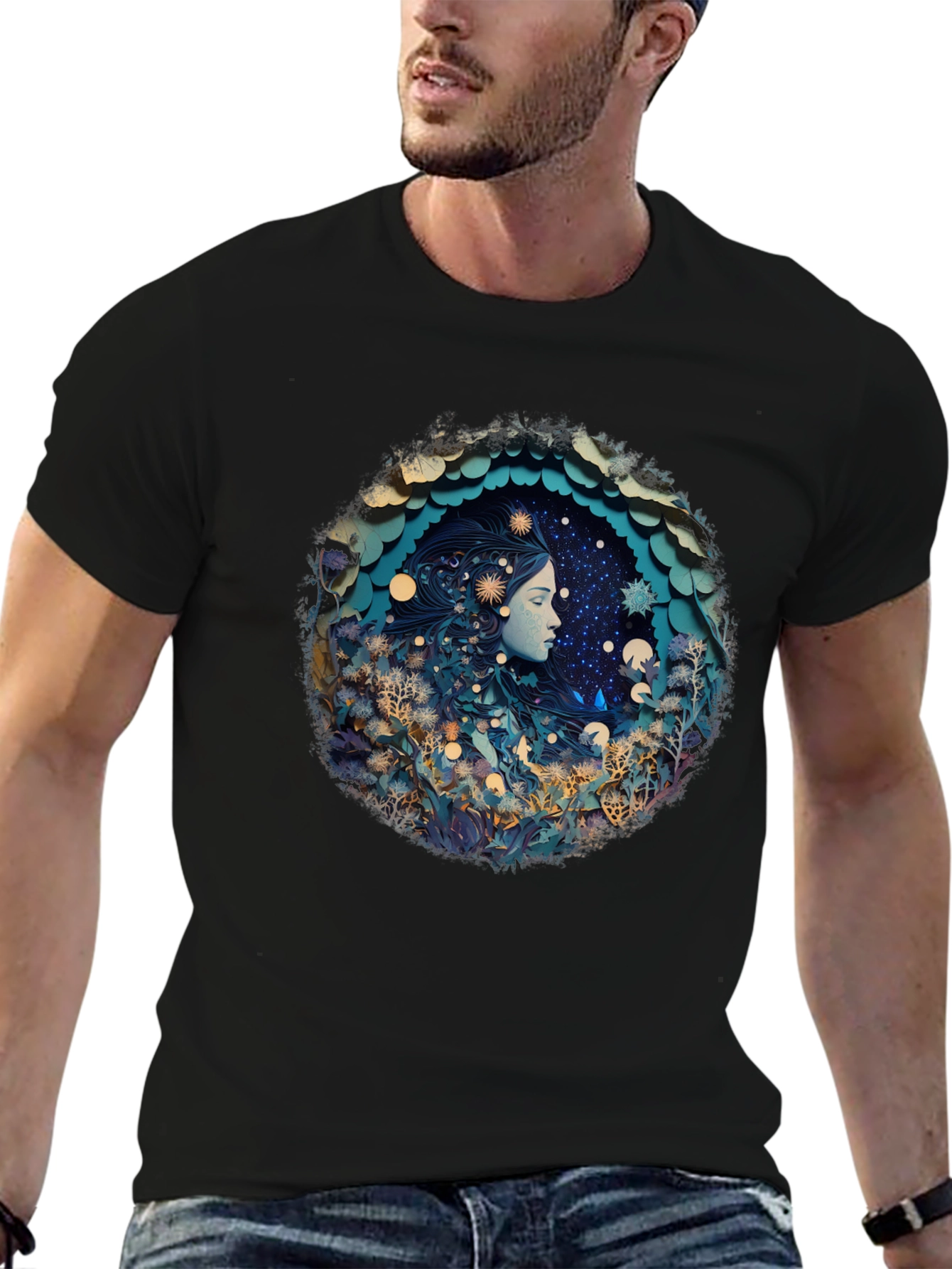 Black Celestial Dreamscape Graphic Tee - Black Cotton Blend view 6