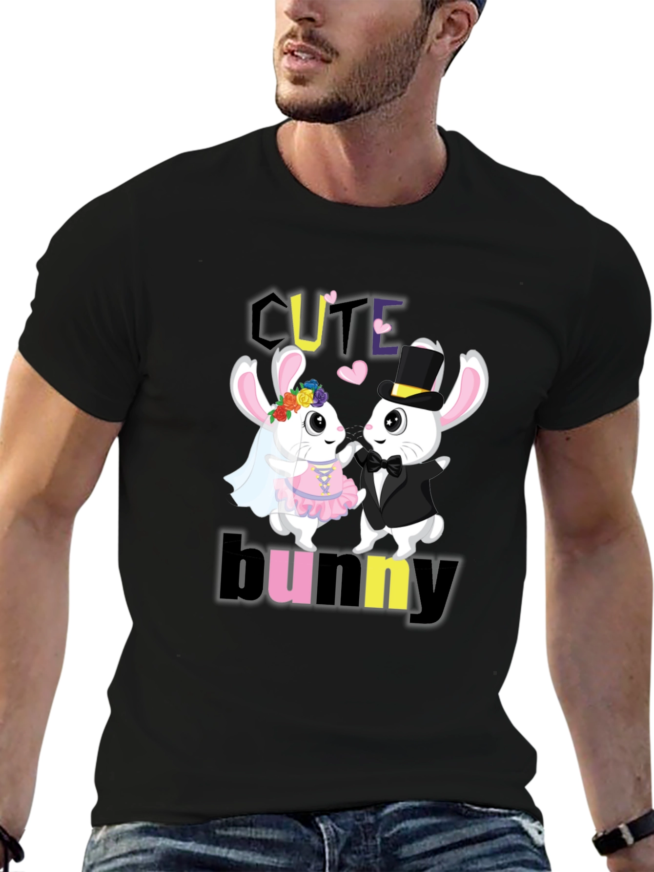 Black Cute Bunny Couple Graphic T-Shirt view 6