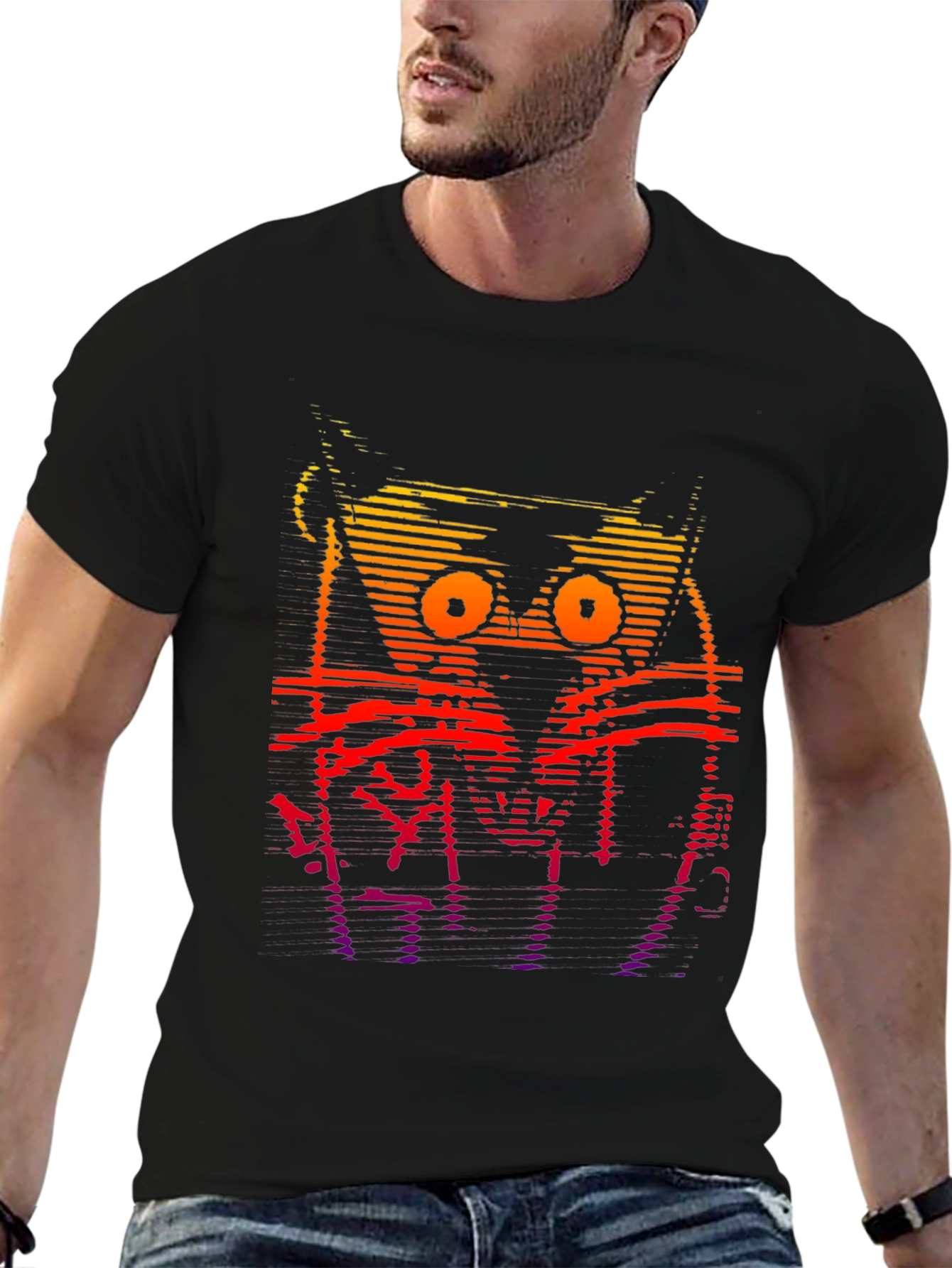 Black Retro Glitch Cat Graphic T-Shirt view 6