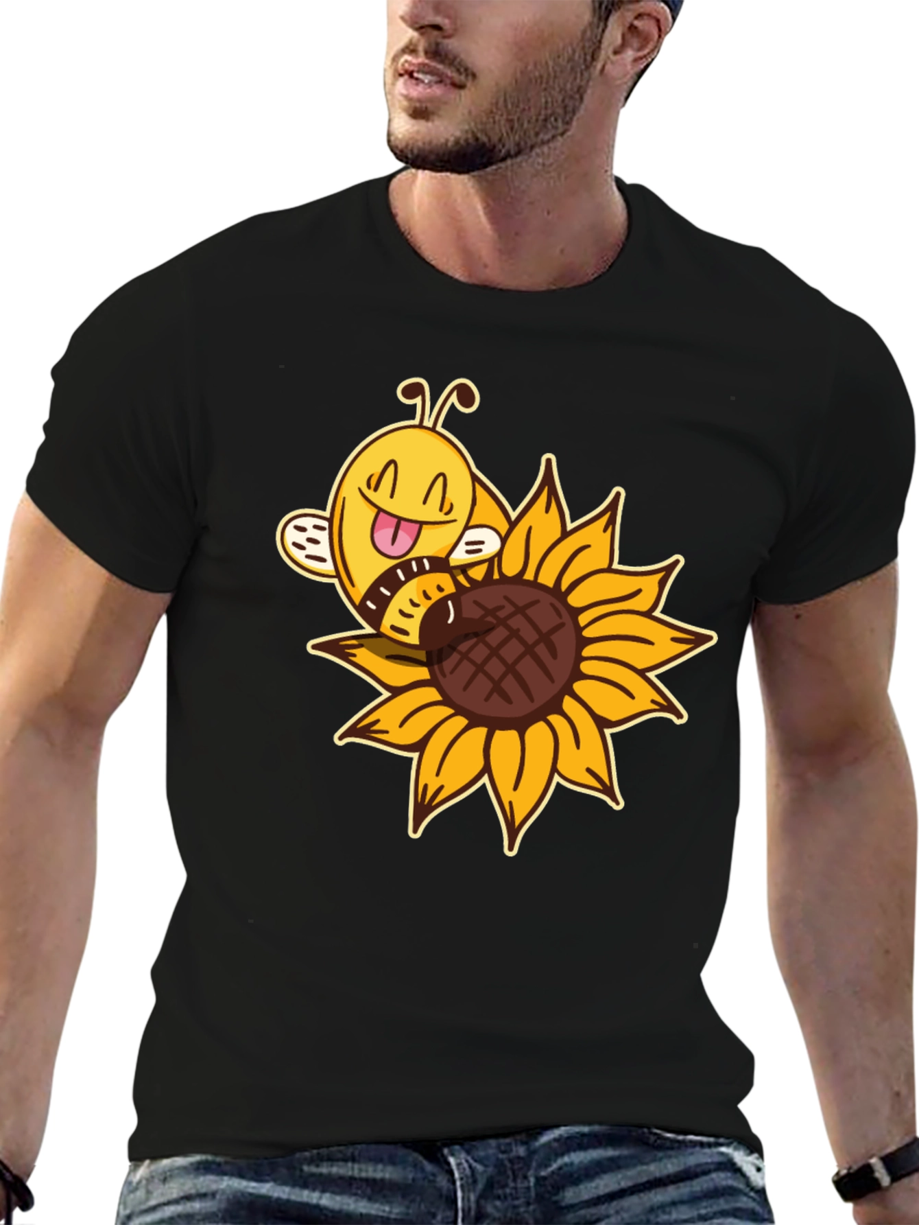 Black Cute Bee on Sunflower Black T-Shirt view 6