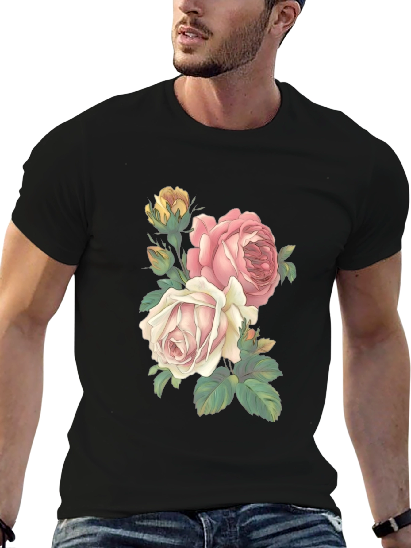 Black Floral Print T-Shirt - Elegant Rose Design view 6