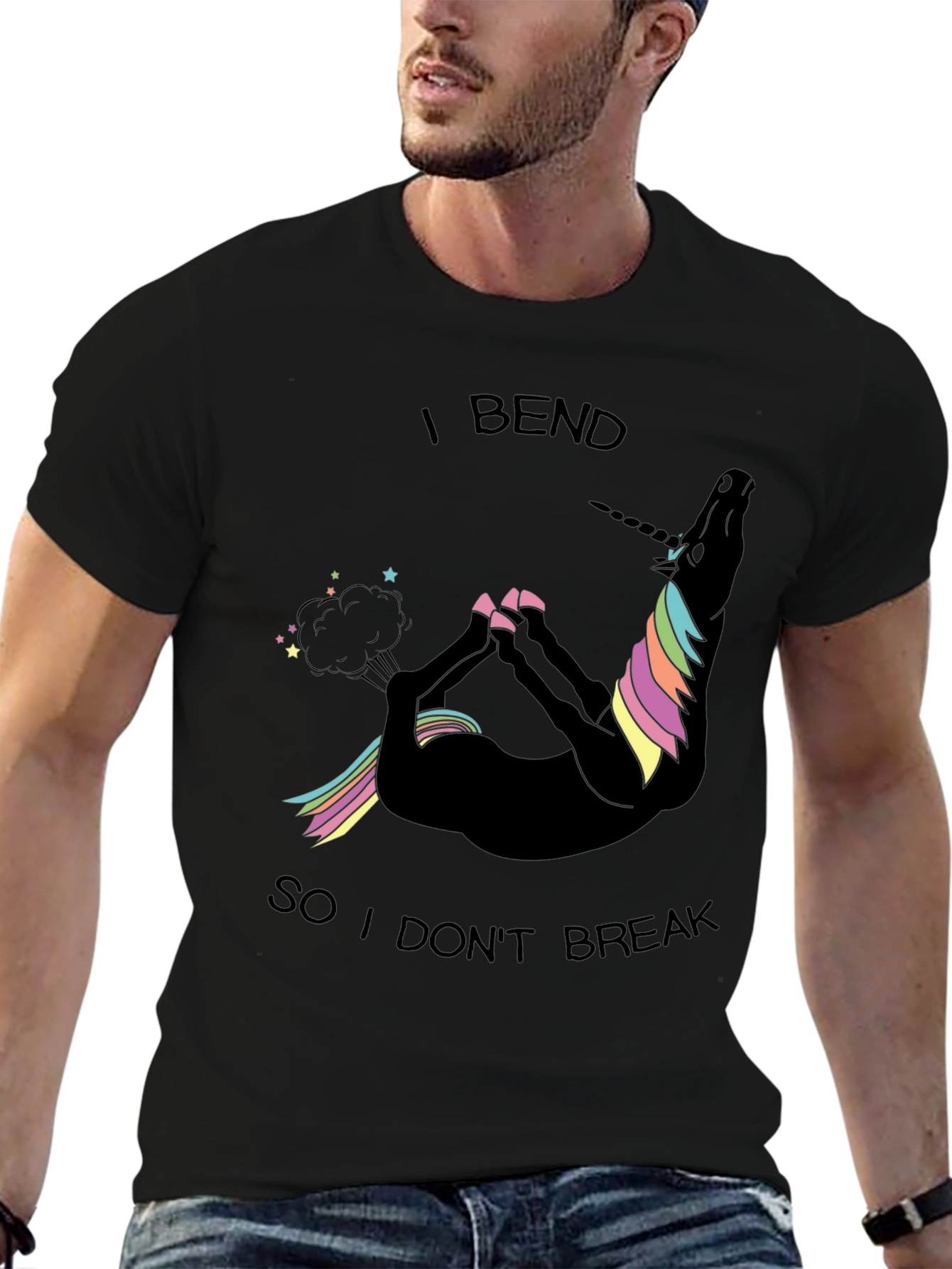 Black Funny Unicorn Yoga T-Shirt - I Bend So I Don't Break view 6