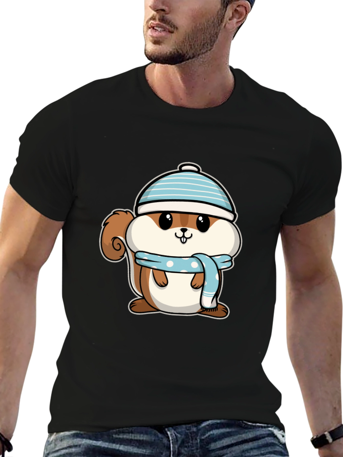 Black Cute Squirrel in Hat T-Shirt - Black view 6