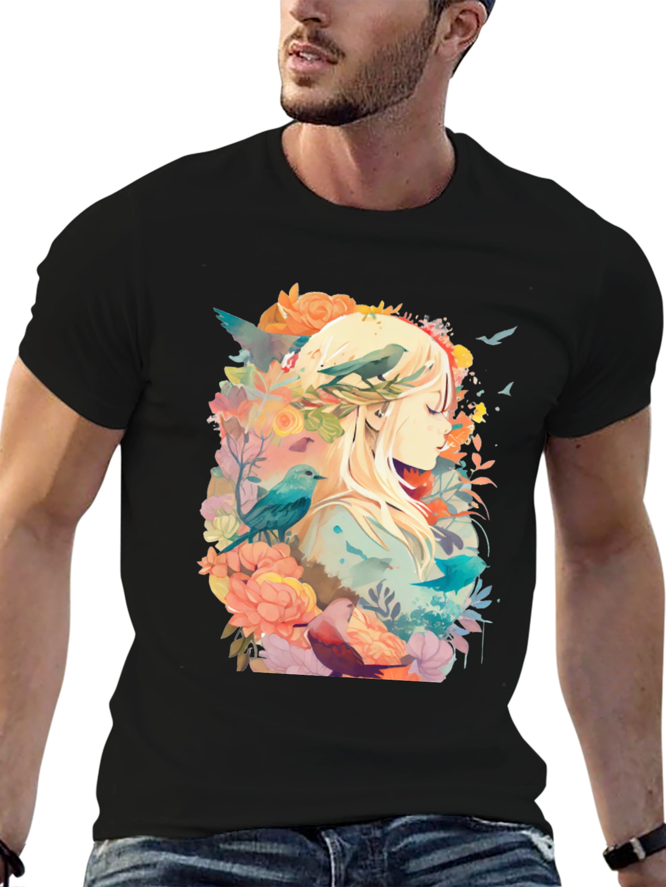 Black Nature's Embrace Tee - Floral Bird Design view 6