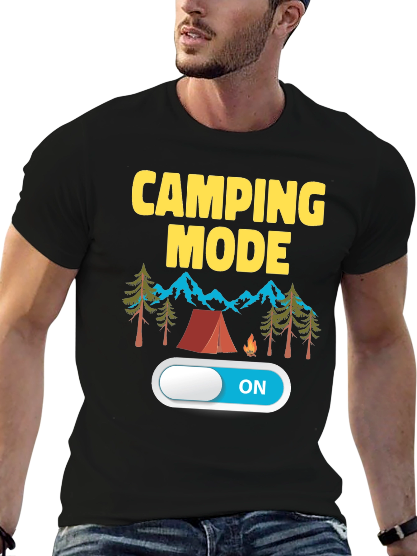 Black Camping Mode ON Black T-Shirt view 6