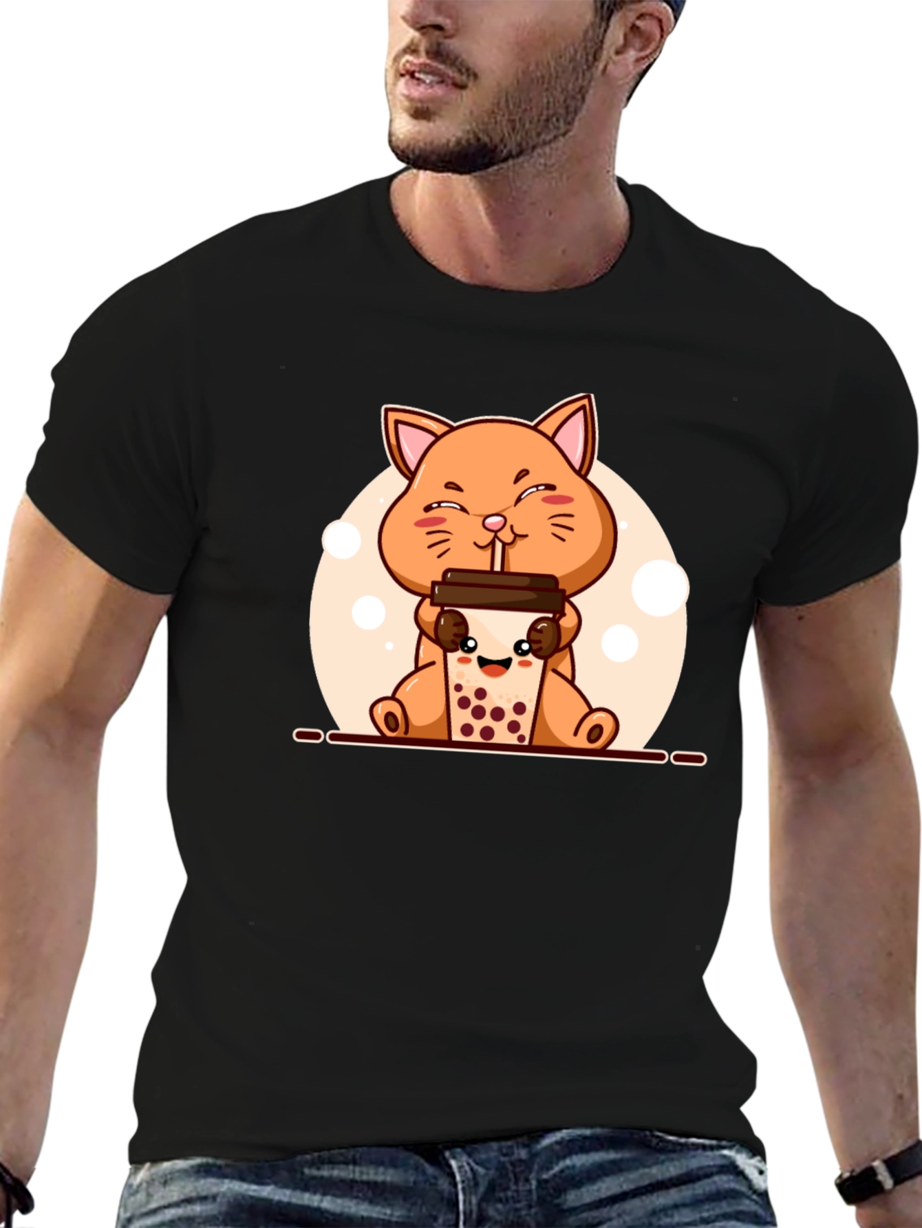 Black Cute Cat Boba Tea Graphic T-Shirt - Unisex view 6