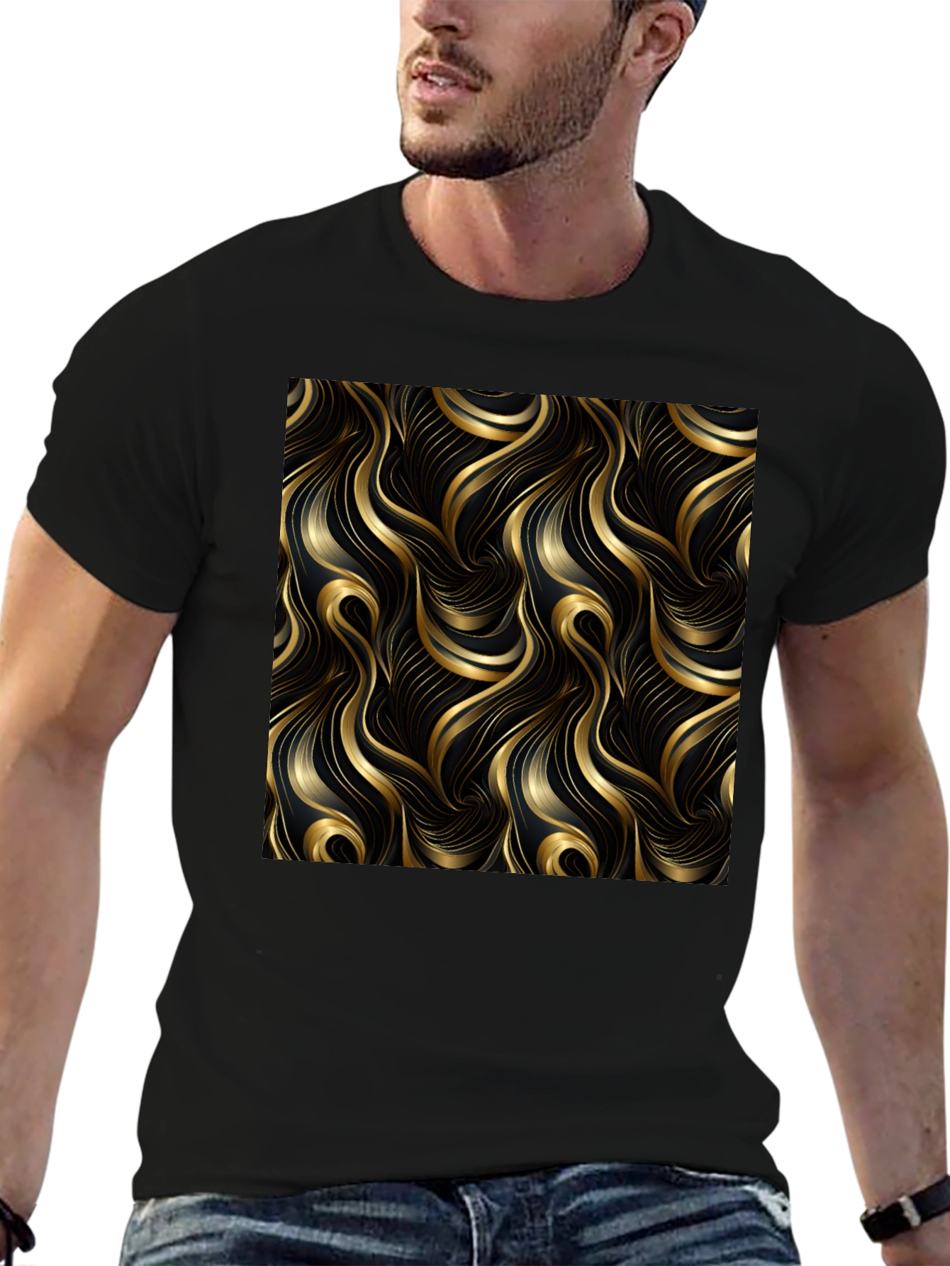Elegant Black T-Shirt with Gold Wave Design - 6