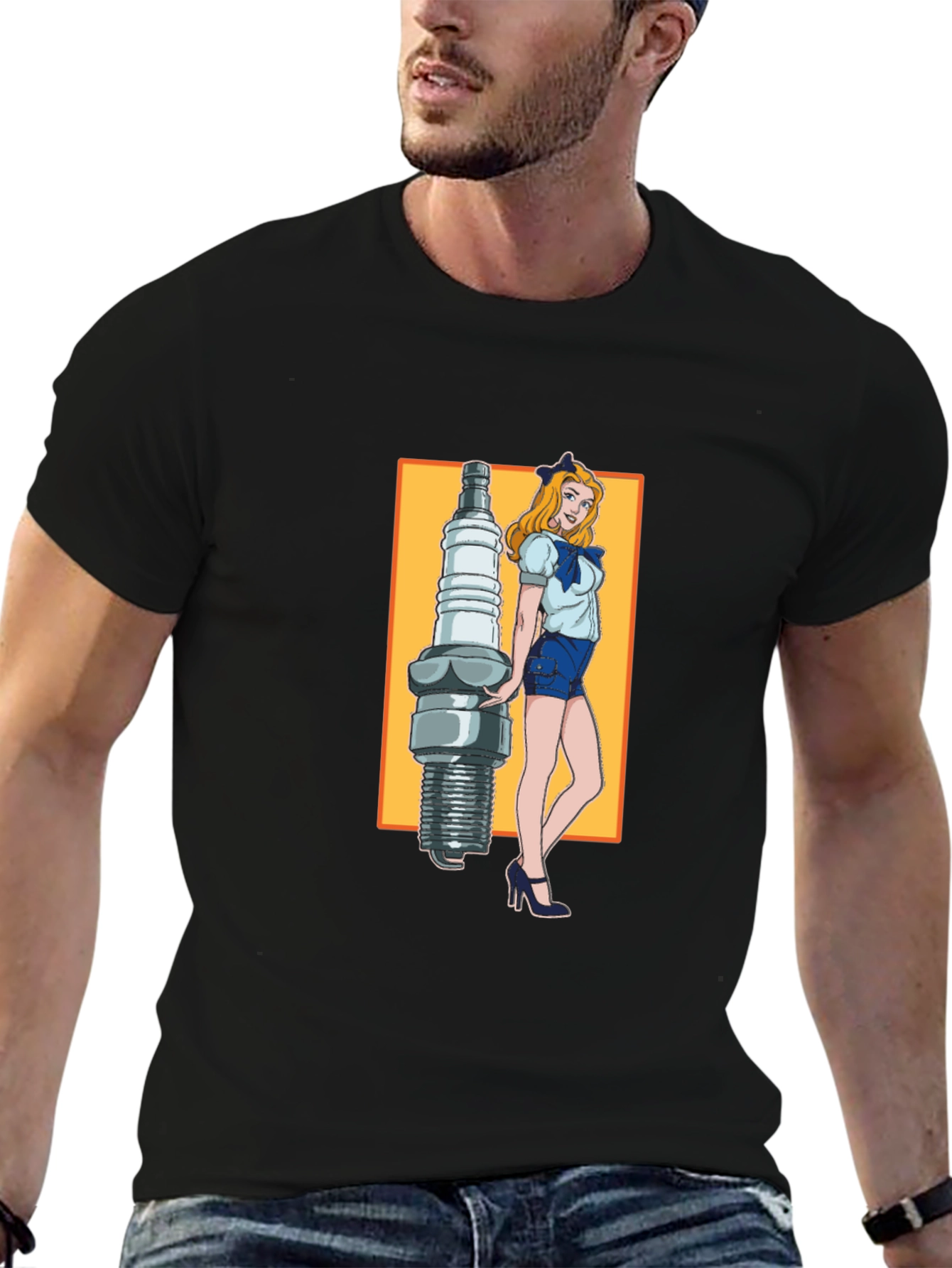 Black Cartoon Spark Plug Girl Black T-Shirt view 6