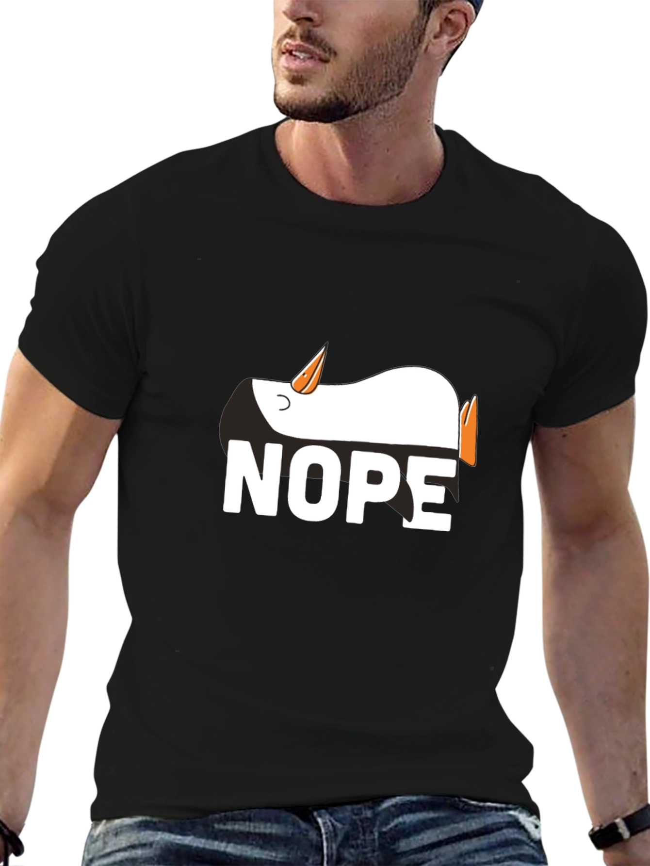 Black Nope Penguin Graphic Tee - Funny Relaxed T-Shirt view 6