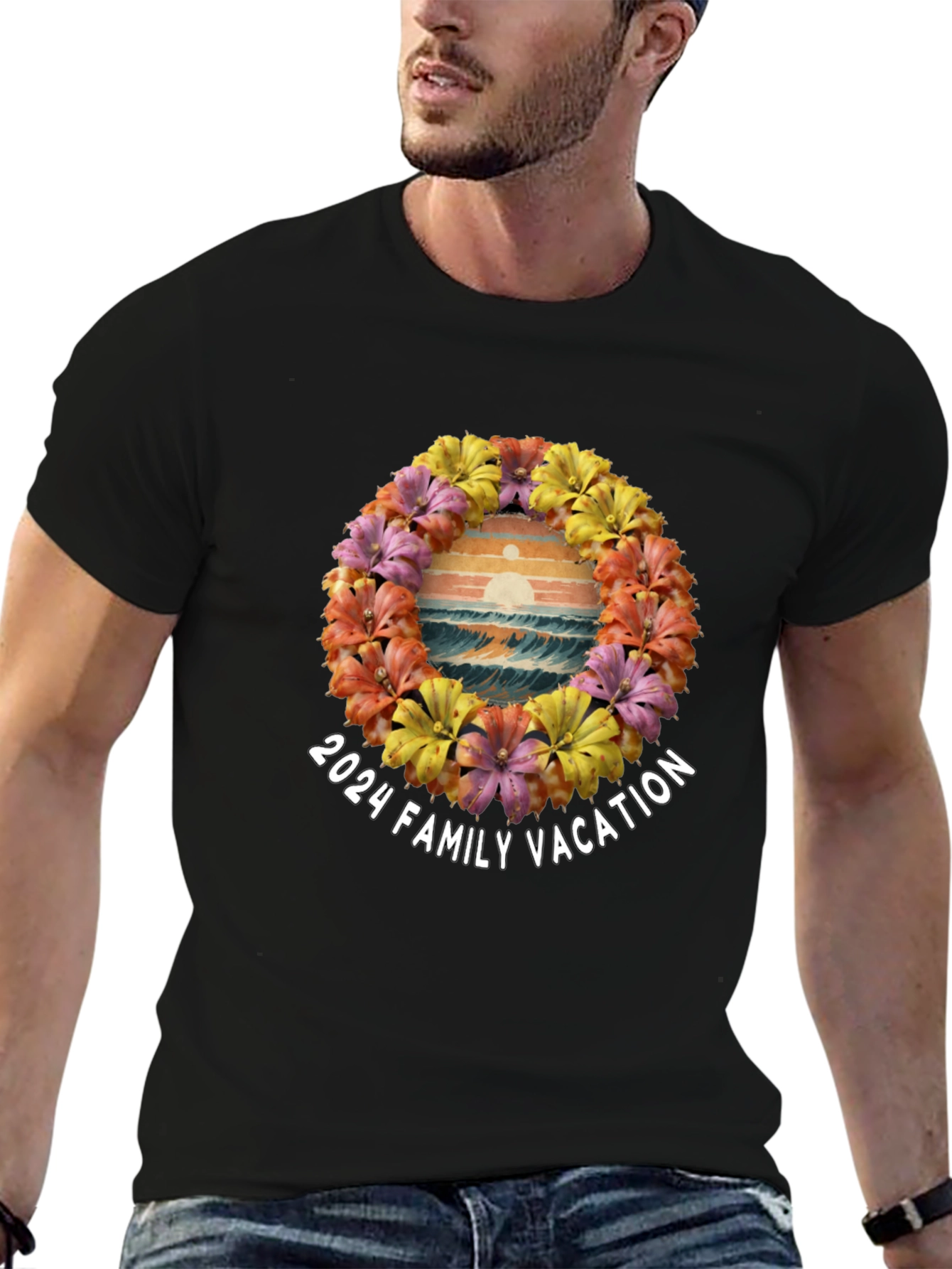 Black 2024 Family Vacation Floral Beach T-Shirt view 6