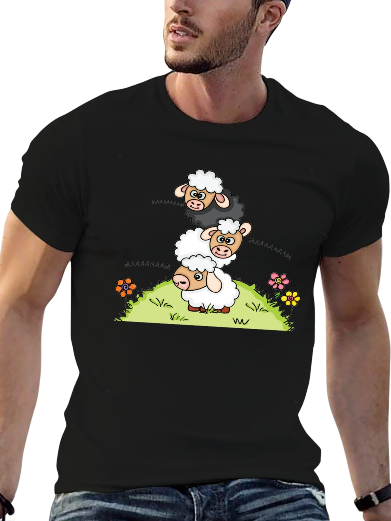 Black Stacked Sheep Cartoon T-Shirt view 6