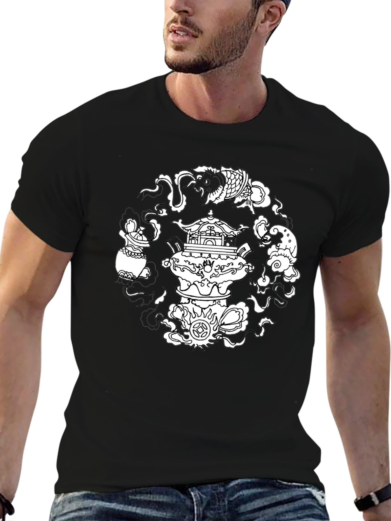 Black T-Shirt with Asian-Inspired White Graphic Design - 6