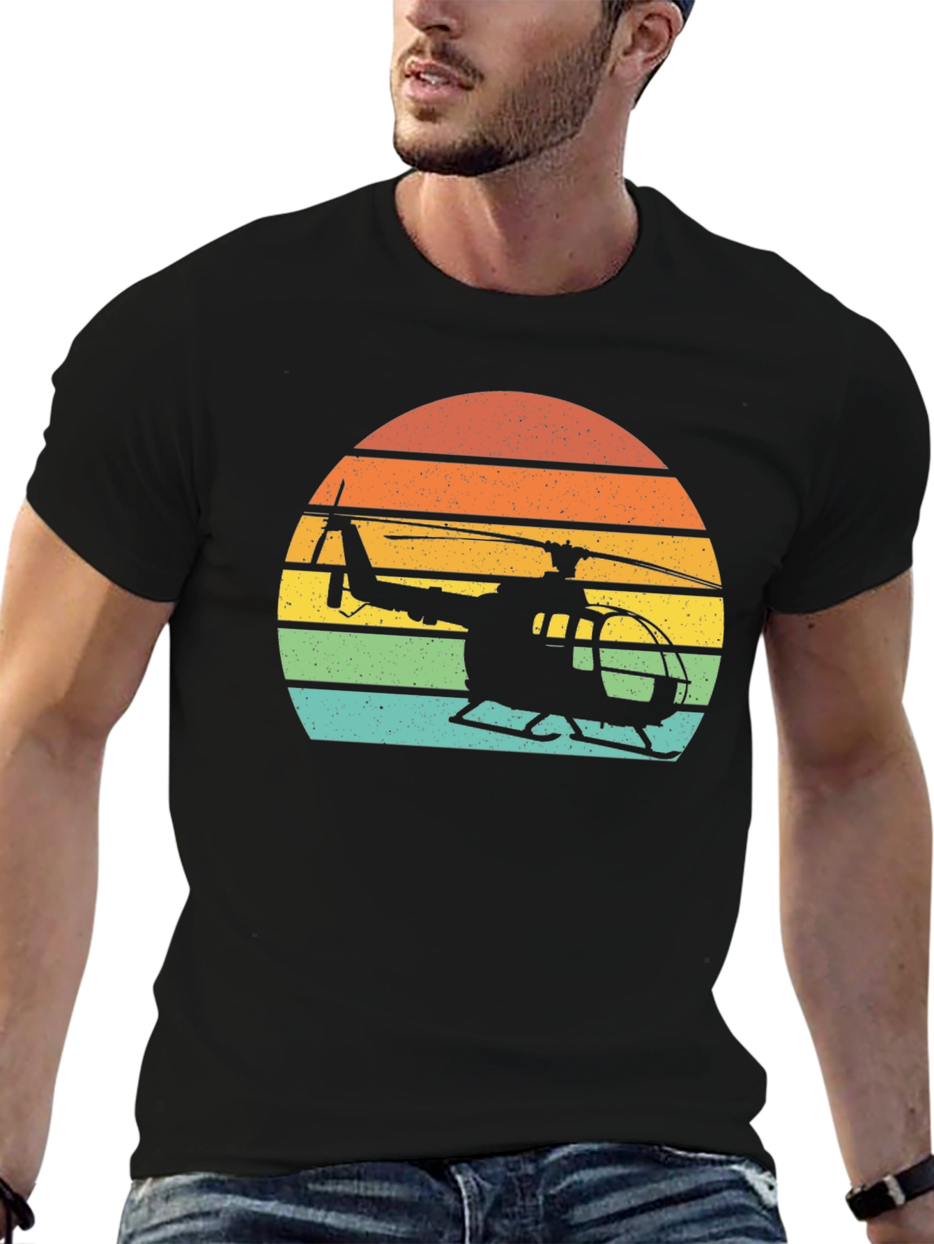 Black Vintage Helicopter Sunset Graphic T-Shirt view 6