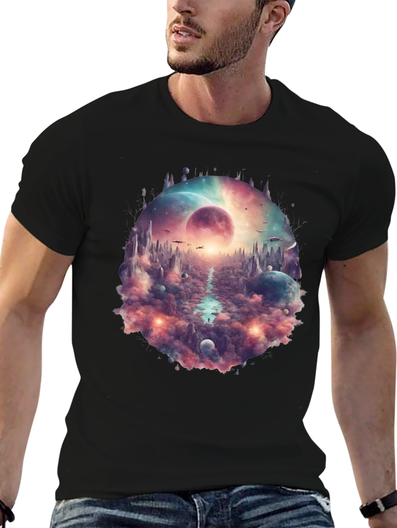 Black Sci-Fi Landscape Graphic T-Shirt view 6