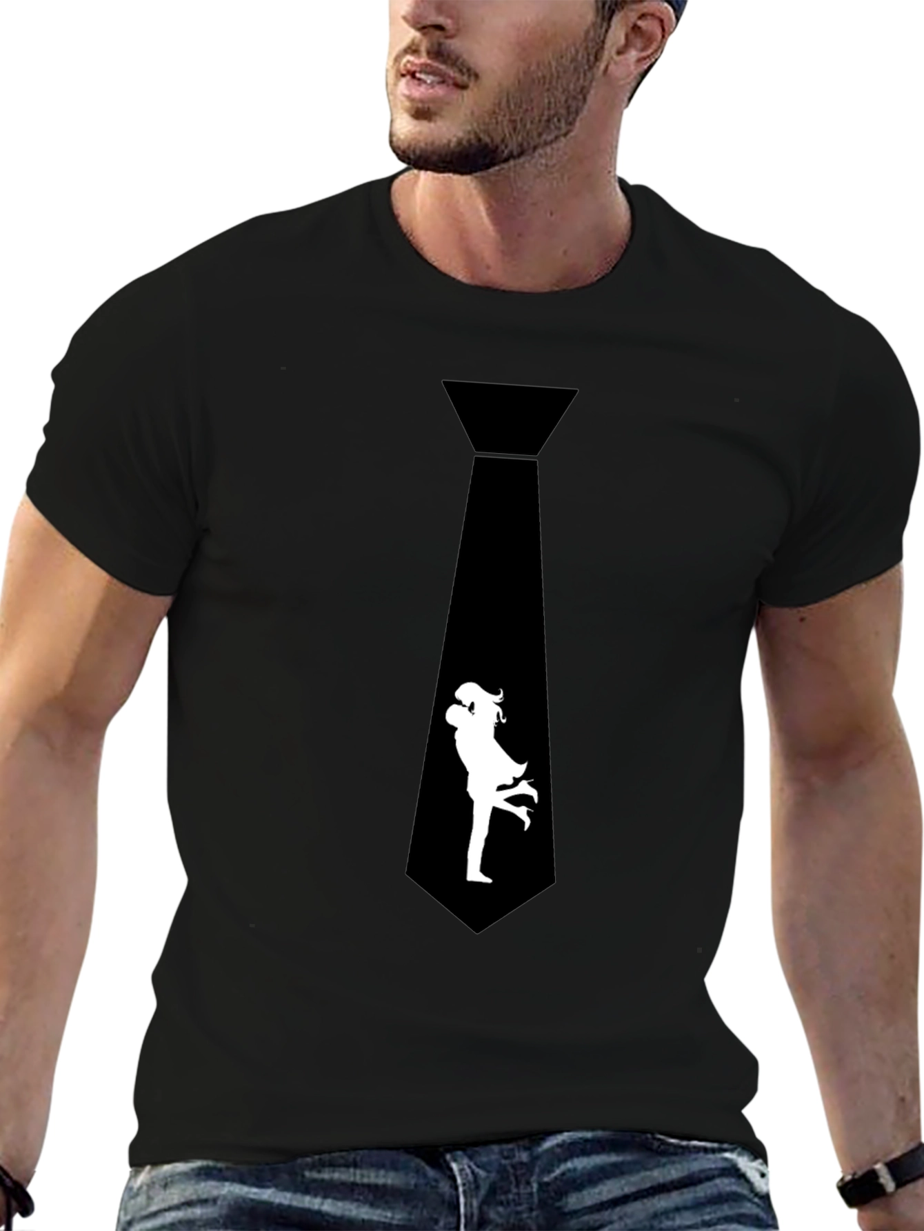 Black Novelty Black T-Shirt - Tie with Romantic Couple Graphic view 6