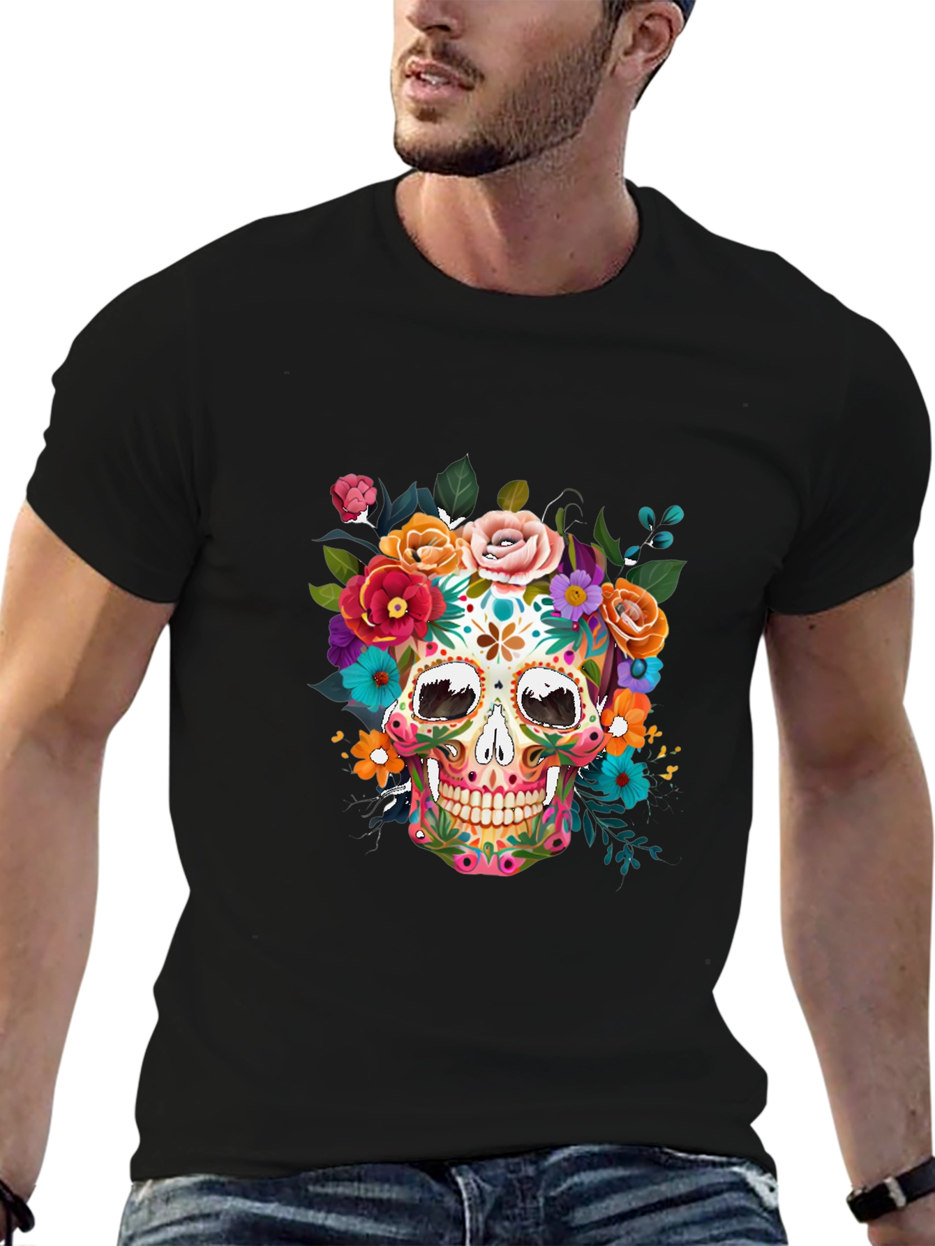 Black Floral Sugar Skull Graphic Tee - Dia de los Muertos view 6