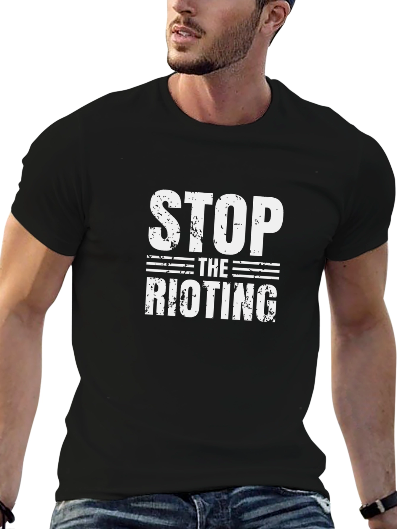 Black Stop the Rioting Black Graphic T-Shirt view 6