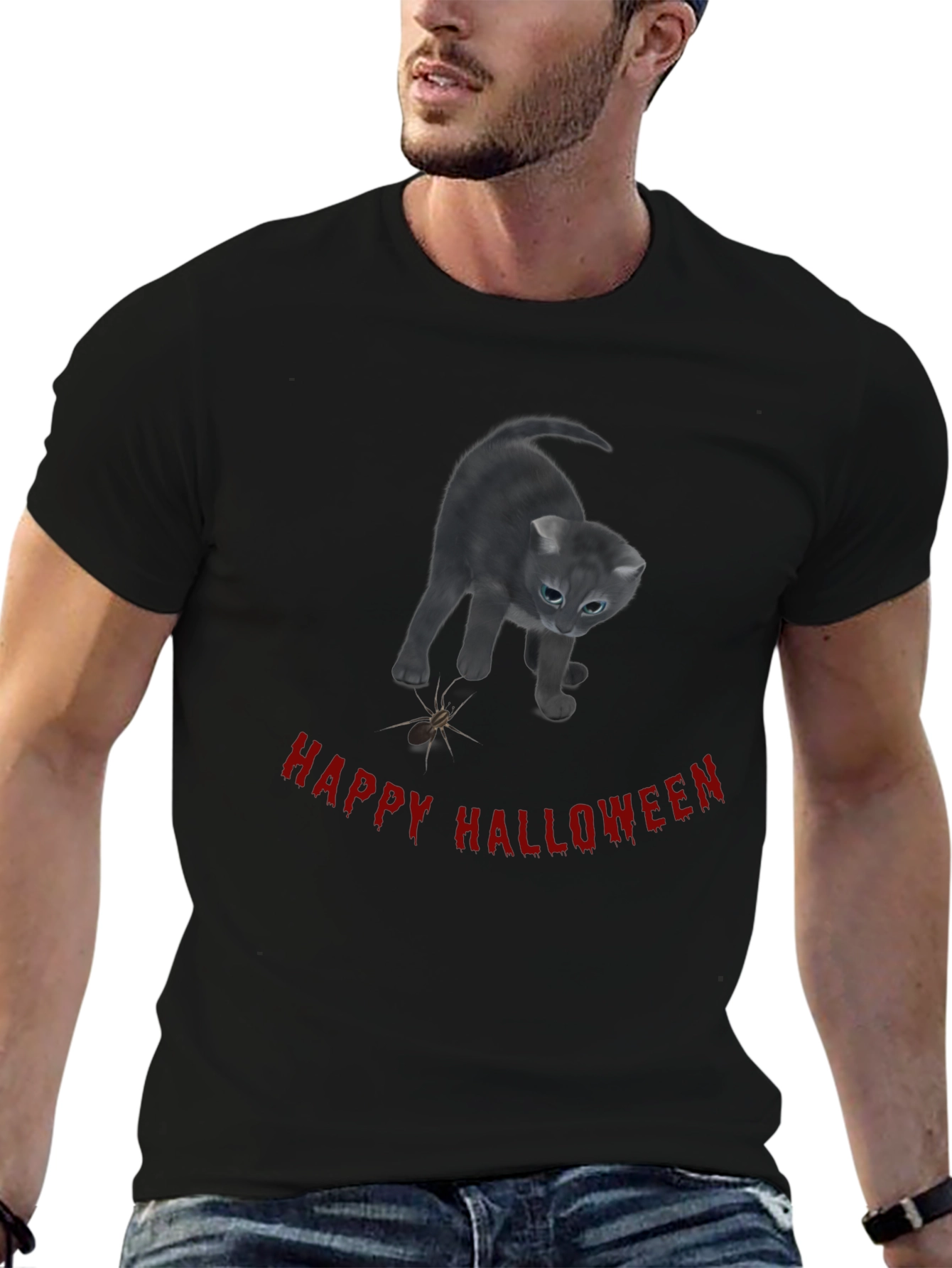 Black Happy Halloween Cat T-Shirt - Black view 6