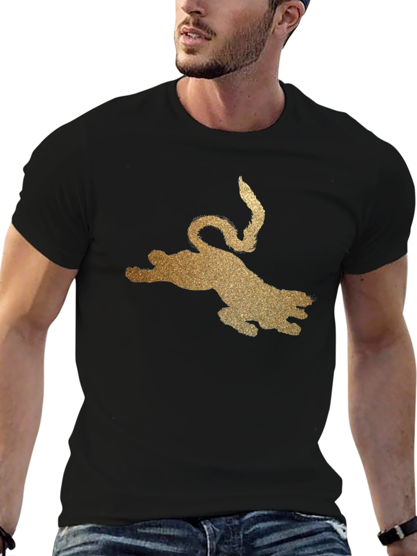 Black Black T-Shirt with Golden Glitter Leopard Graphic view 6