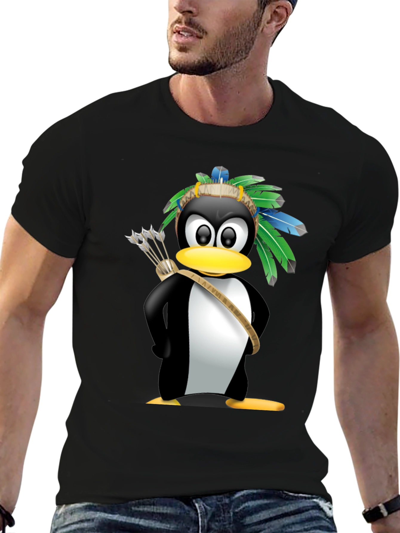 Black Native American Penguin Graphic Tee - Black view 6