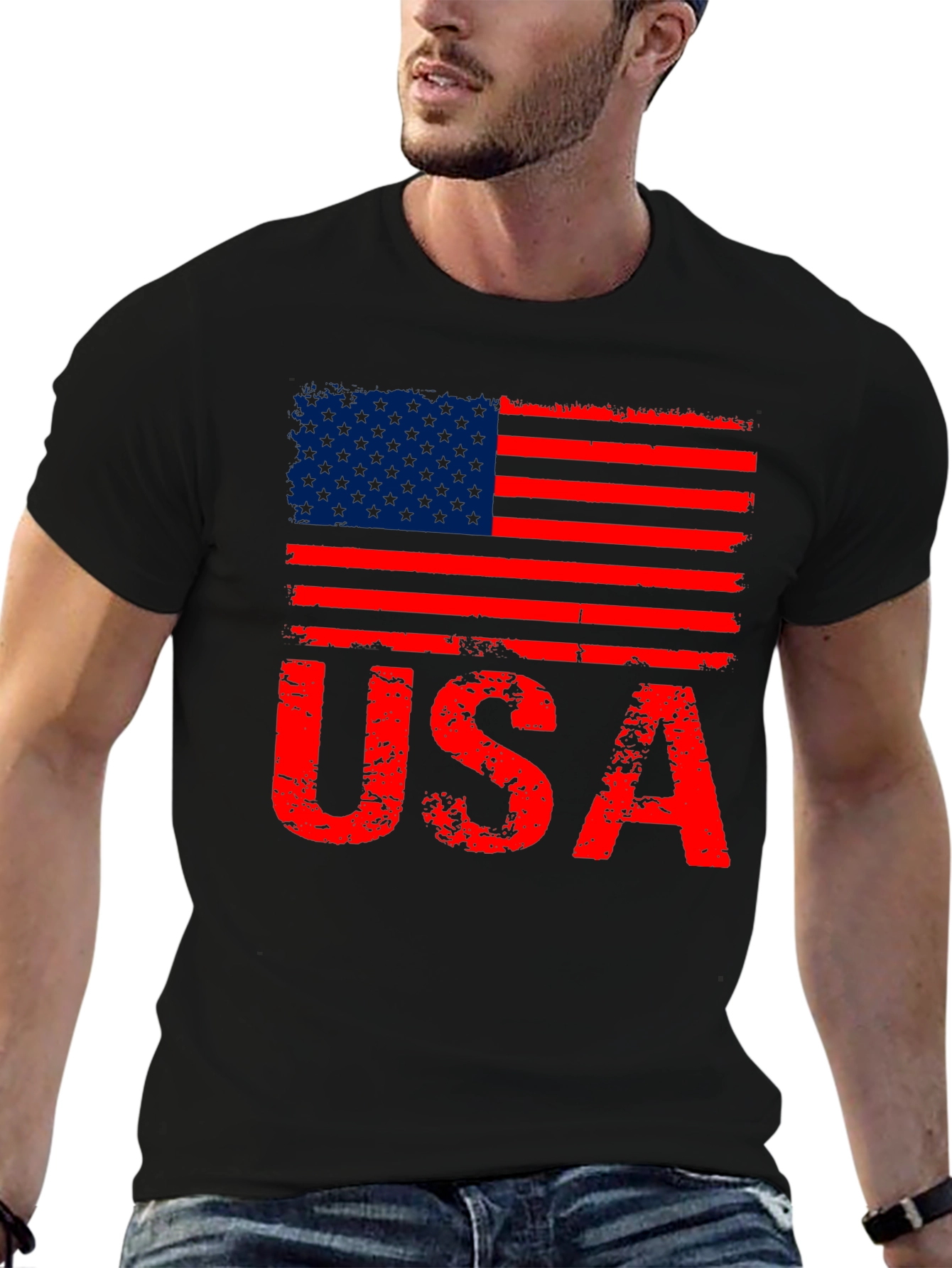 Black Distressed USA Flag Graphic T-Shirt view 6