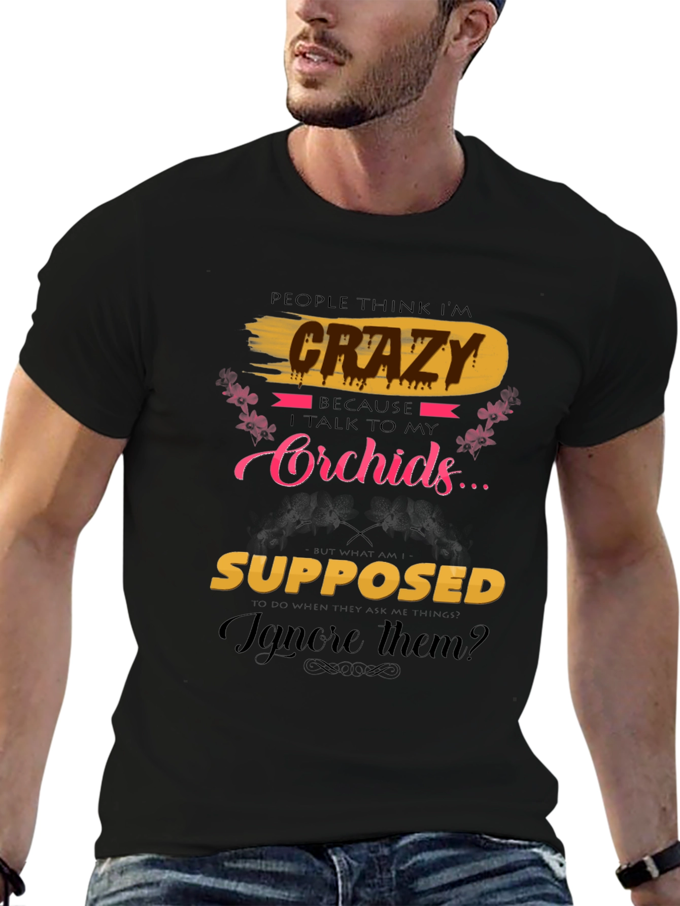Black Crazy About Orchids T-Shirt view 6